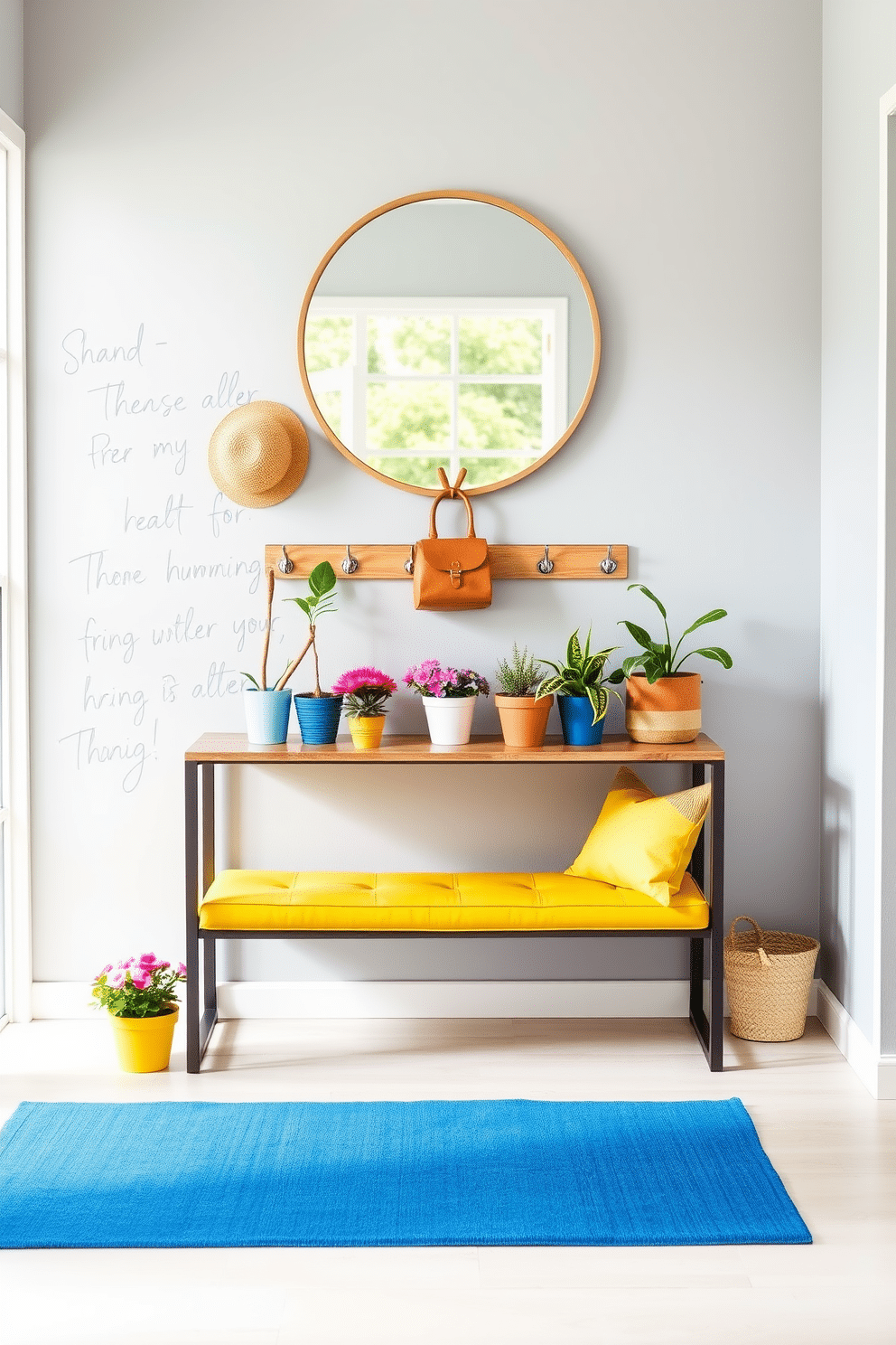 A bright and inviting entryway features a sleek console table against a soft gray wall. A vibrant blue runner rug lays beneath the table, and a collection of colorful potted plants adds a lively touch. Above the console, a large round mirror reflects natural light, enhancing the space's openness. Stylish hooks in a warm wood finish hold summer hats and bags, while a cheerful yellow bench provides seating and additional storage.