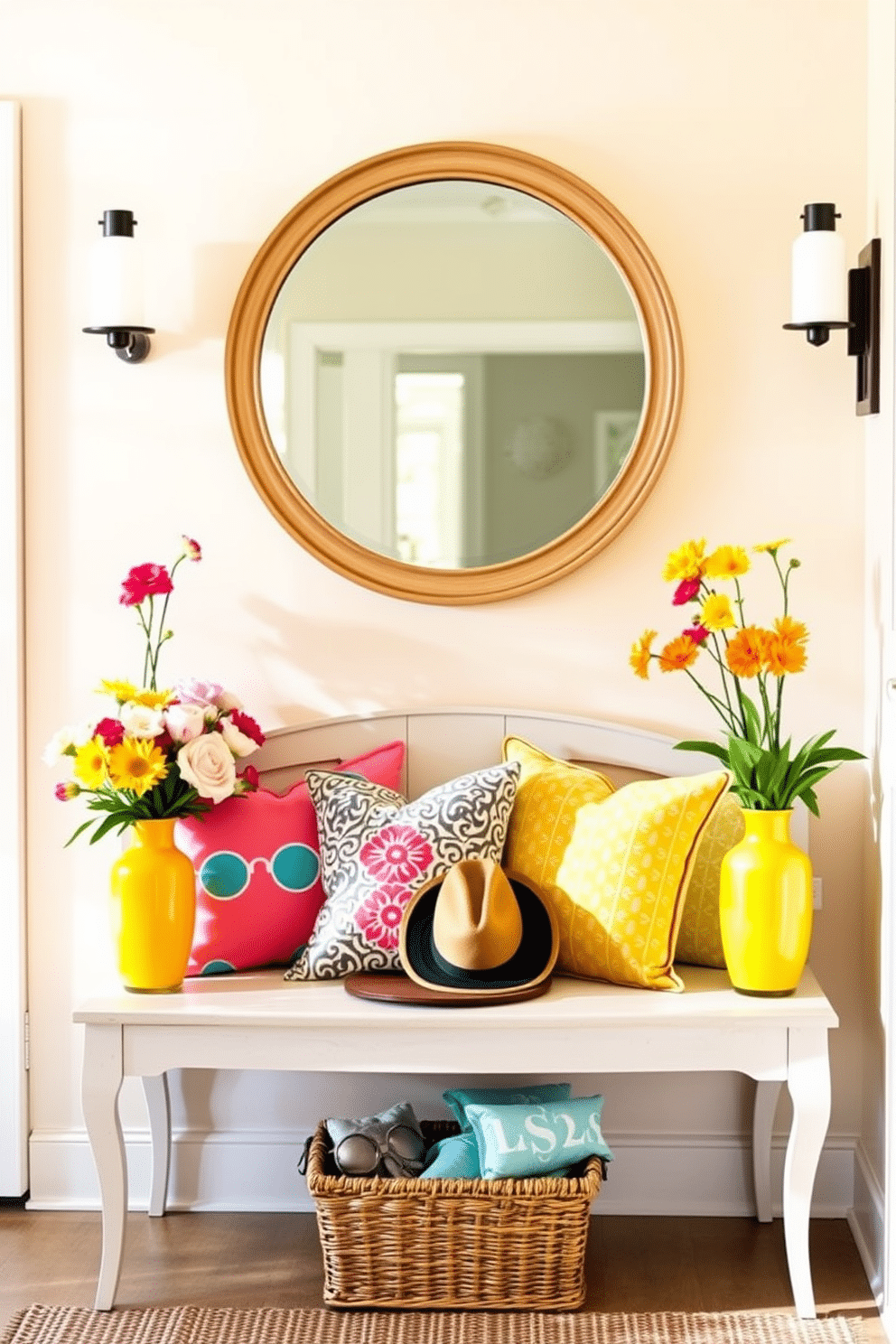 A bright and inviting summer entryway features a stylish bench adorned with colorful cushions. The walls are painted in a soft pastel hue, and a large round mirror hangs above the bench, reflecting natural light. Floral arrangements in vibrant vases are placed on either side of the bench, adding a cheerful touch. A woven basket sits underneath, perfect for storing summer accessories like hats and sunglasses.