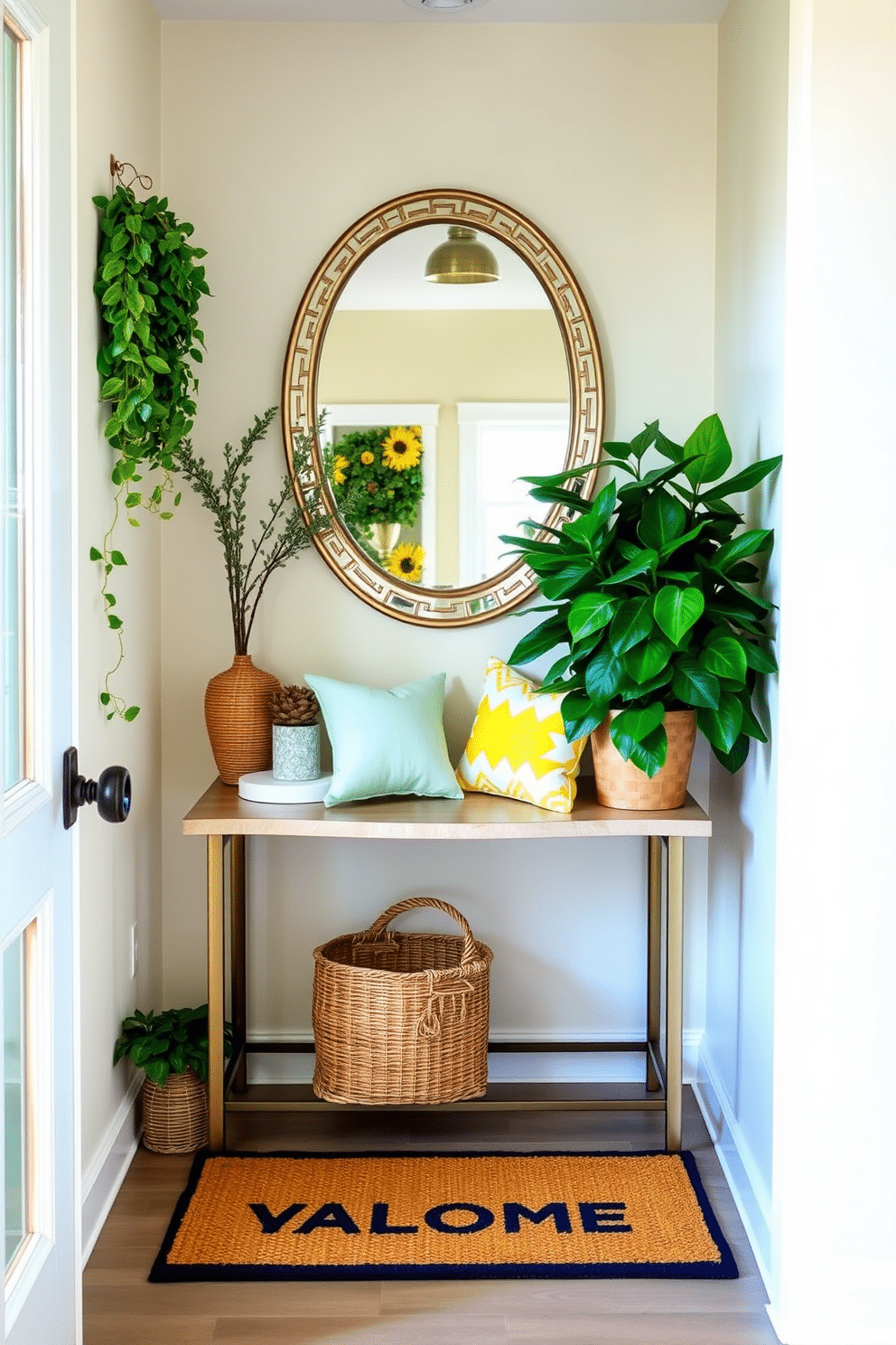 A bright and inviting entryway filled with faux greenery that adds a touch of nature without the upkeep. A stylish console table is adorned with a large faux potted plant and a few decorative summer-themed accents like a woven basket and vibrant throw pillows. The walls are painted in a soft pastel hue to create a welcoming atmosphere. A cheerful doormat welcomes guests, while a statement mirror above the console reflects the light and enhances the space.