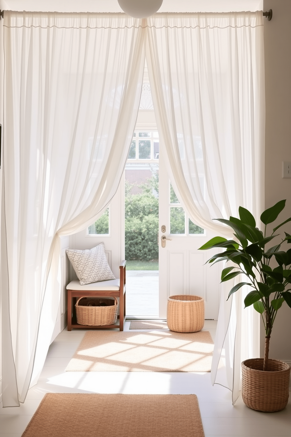 A bright and airy entryway adorned with light, sheer curtains that flutter gently in the breeze. The space features a wooden bench with soft cushions, a woven basket for shoes, and a vibrant potted plant by the door.