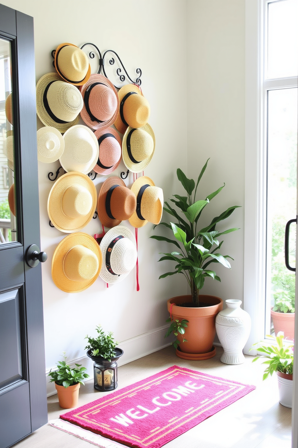 A stylish summer entryway features a collection of colorful summer hats displayed on a decorative wall-mounted rack. The space is brightened by natural light streaming in through a nearby window, highlighting a cheerful welcome mat and potted plants.