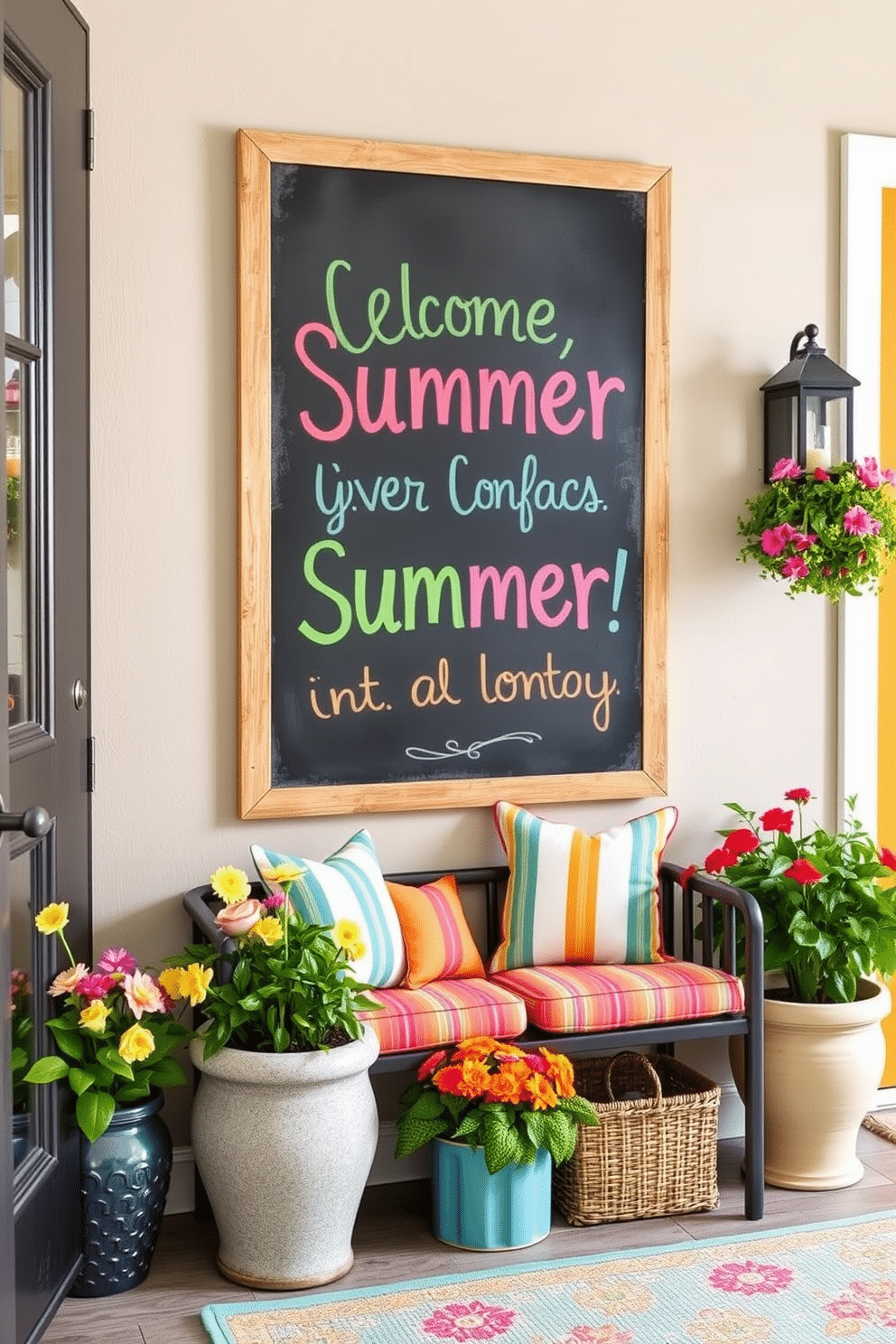 A charming entryway decorated for summer features a large chalkboard mounted on the wall. The chalkboard displays cheerful seasonal greetings in bright colors, inviting guests into the home. Surrounding the chalkboard are vibrant potted plants and fresh flowers that add a lively touch. A cozy bench with colorful cushions provides a welcoming spot for guests to sit and enjoy the summer ambiance.