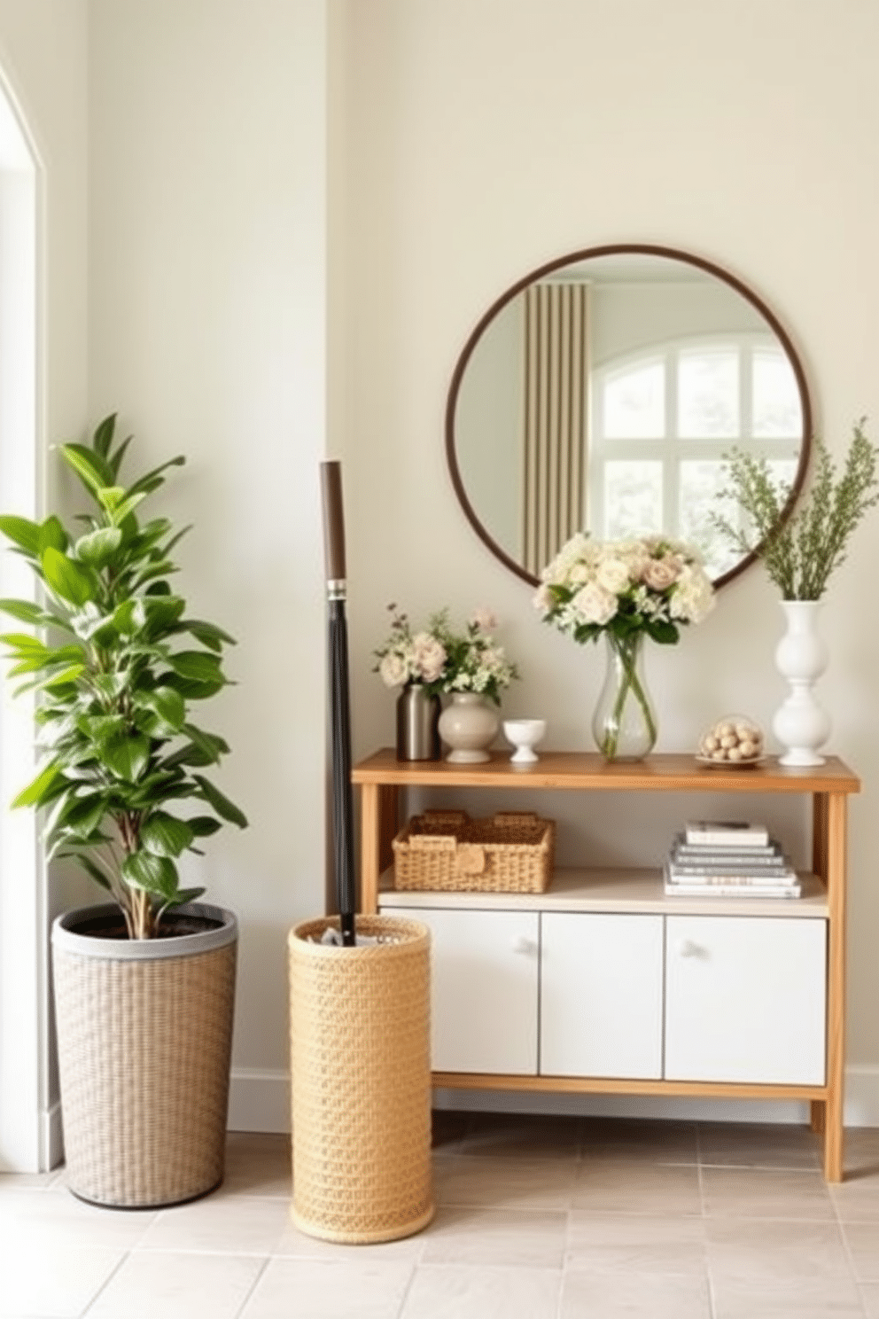 A bright and inviting summer entryway features a stylish umbrella stand made of woven rattan, positioned next to a cheerful potted plant. The walls are painted in a soft pastel hue, and a large round mirror hangs above a console table adorned with fresh flowers and decorative accents.