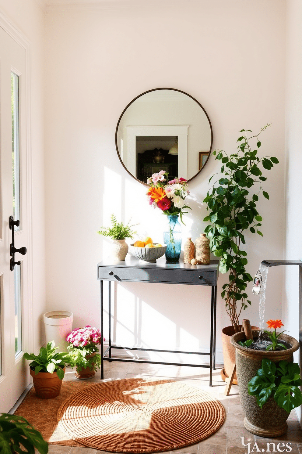 A welcoming summer entryway filled with natural light. There are vibrant potted plants on either side of the door, and a woven mat greets visitors at their feet. A stylish console table is positioned against the wall, adorned with a large round mirror above it. Fresh flowers in a colorful vase add a cheerful touch, while a decorative bowl holds keys and small items. To the side, a water feature trickles gently, creating a serene atmosphere. The walls are painted in a soft, airy color, enhancing the light and inviting feel of the space.