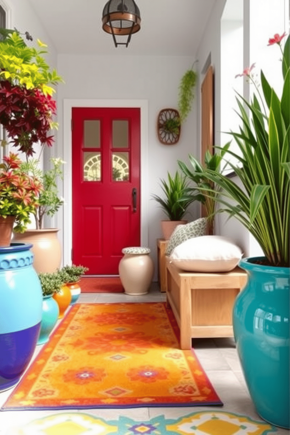 A bright and inviting entryway filled with colorful ceramic pots showcasing vibrant plants. The space features a welcoming bench with soft cushions, complemented by a cheerful rug that adds warmth and texture.