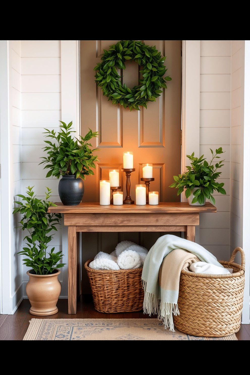 Create a welcoming entryway filled with the warm glow of candles placed on a rustic wooden console table. Flanking the table are lush green plants in decorative pots, adding a touch of nature to the space. The walls are adorned with light pastel colors, enhancing the bright and airy feel of the entryway. A woven basket sits by the door, filled with soft throws for a cozy touch during summer evenings.