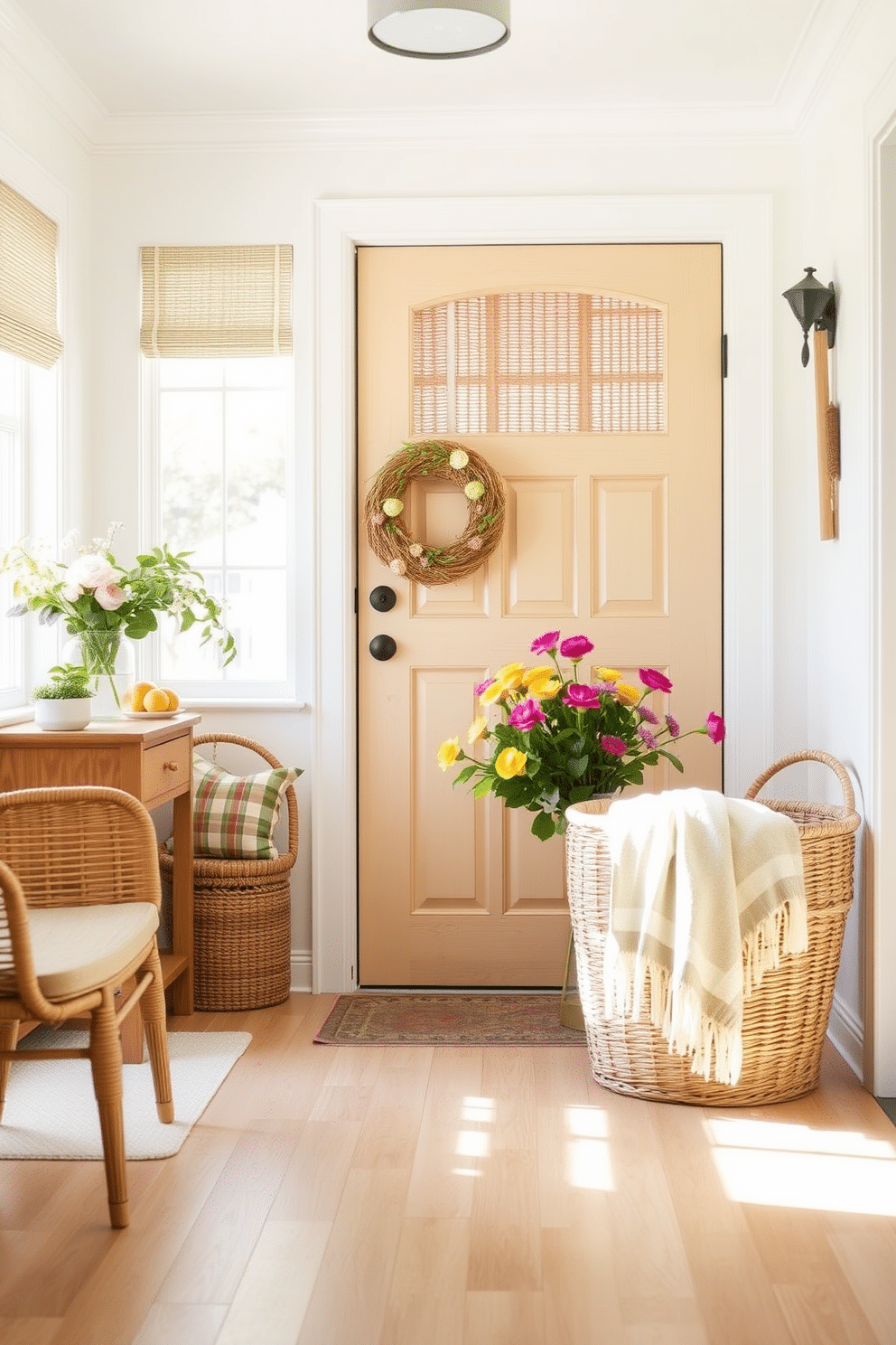 A bright and airy entryway filled with summer charm. Natural woven textures are used in the furniture and decor, creating a warm and inviting atmosphere. The walls are painted in a soft pastel hue, complementing the light wood flooring. A large woven basket sits by the door, filled with fresh summer blooms and a cozy throw blanket.