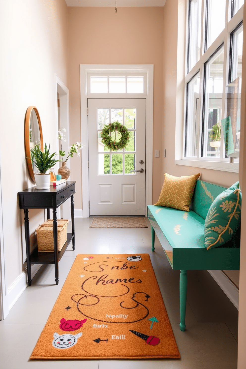 A bright and inviting entryway with a cheerful doormat featuring a whimsical design. The walls are painted in a soft pastel color, and a stylish console table is placed against one side, adorned with a small potted plant and decorative items. To the opposite side, a vibrant bench provides a cozy spot to sit, complemented by colorful throw pillows. Natural light streams in through a large window, illuminating the space and creating a welcoming atmosphere.