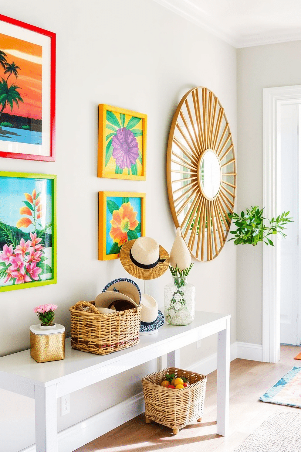 A vibrant summer entryway welcomes guests with colorful artwork adorning the walls. Brightly colored framed prints of tropical scenes and floral designs create a cheerful atmosphere, complemented by a stylish console table. The console table is adorned with decorative items such as a woven basket filled with sun hats and a small potted plant. A large mirror with a sunburst design reflects natural light, enhancing the lively summer vibe of the space.