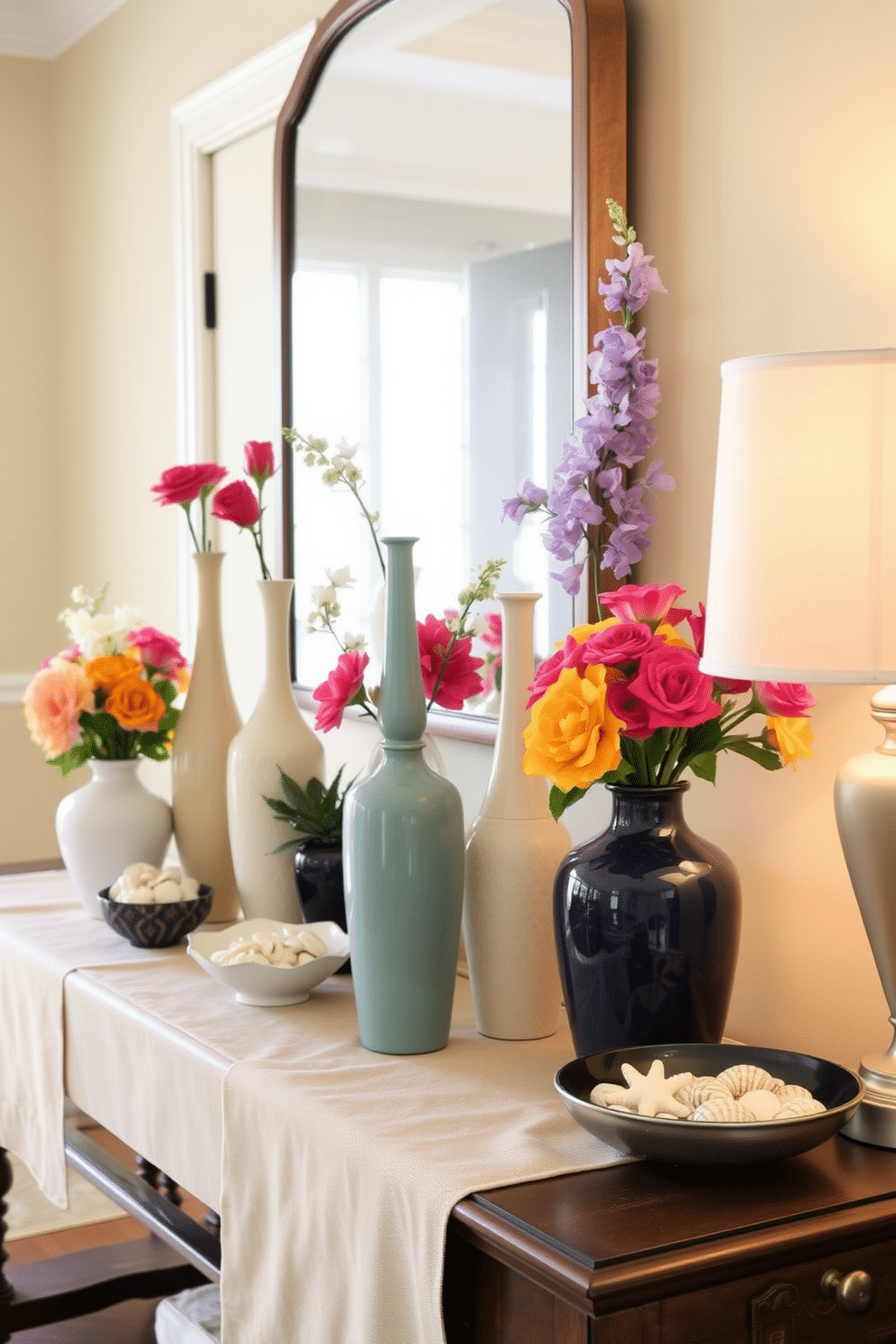 Create a welcoming vignette featuring an assortment of elegant vases in varying heights and shapes. Arrange them on a console table adorned with a soft runner, complemented by seasonal blooms in vibrant colors. Incorporate natural elements such as a small potted plant or a decorative bowl filled with seashells. Enhance the atmosphere with warm lighting from a nearby lamp, creating an inviting entryway that reflects the beauty of summer.