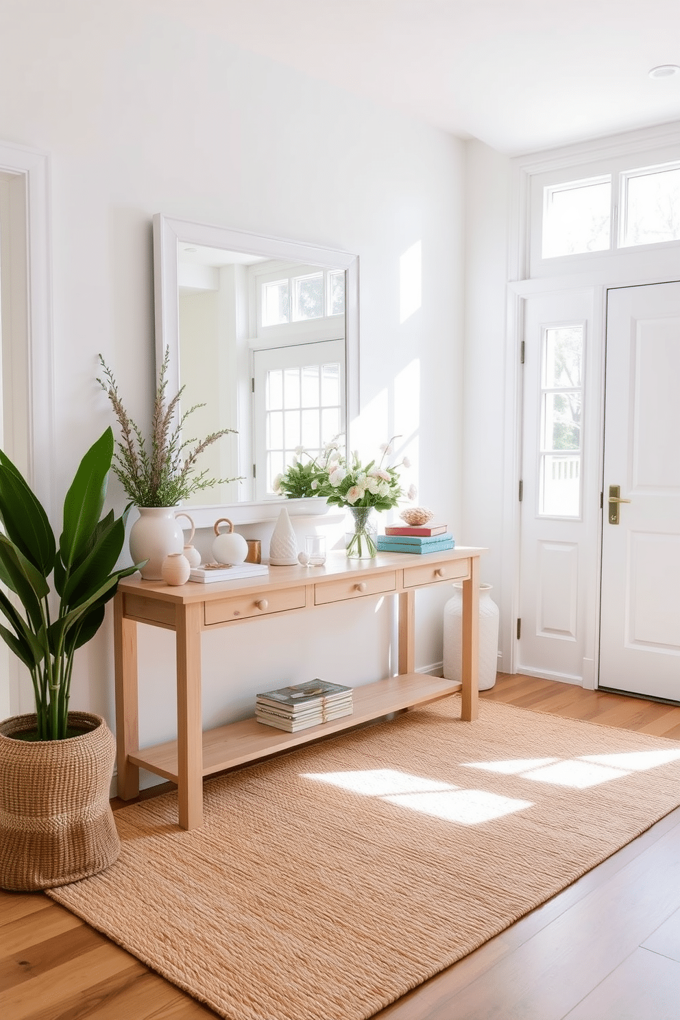 A bright and inviting entryway filled with natural light. The walls are painted in soft pastel hues, complemented by a light wood console table adorned with fresh flowers and decorative accents. A woven rug in neutral tones lies beneath, adding texture and warmth to the space. A large mirror with a simple white frame reflects the light, enhancing the airy feel of the entryway.