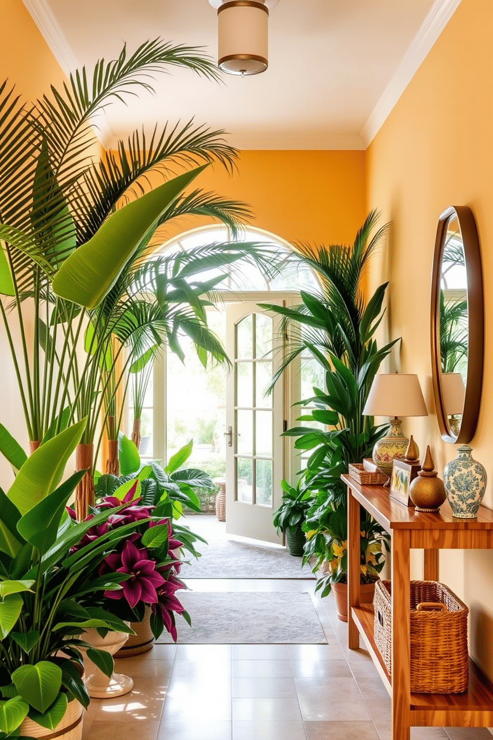 A vibrant entryway filled with tropical plants creates an inviting atmosphere. Large potted palms and colorful bromeliads line the entrance, adding a touch of nature and freshness. The walls are painted in a soft, warm hue to enhance the brightness of the space. A stylish console table made of natural wood sits against the wall, adorned with decorative items and a woven basket for storage.