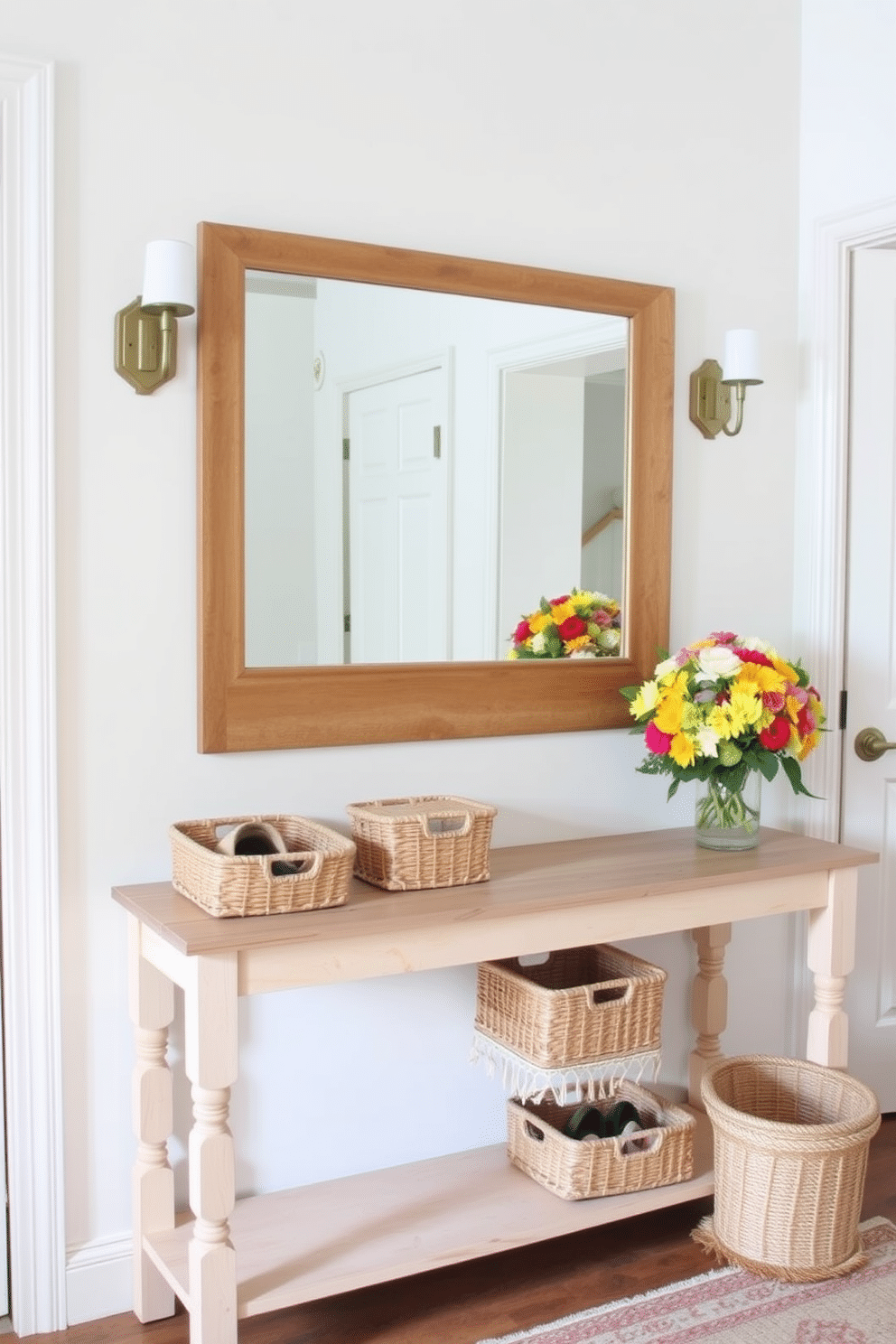 A bright and airy entryway adorned with decorative baskets for organization. The walls are painted in a soft pastel hue, and a large mirror hangs above a rustic wooden console table. On the table, a few woven baskets in varying sizes are neatly arranged, holding items like shoes and hats. A vibrant floral arrangement sits next to the baskets, adding a touch of summer charm to the space.