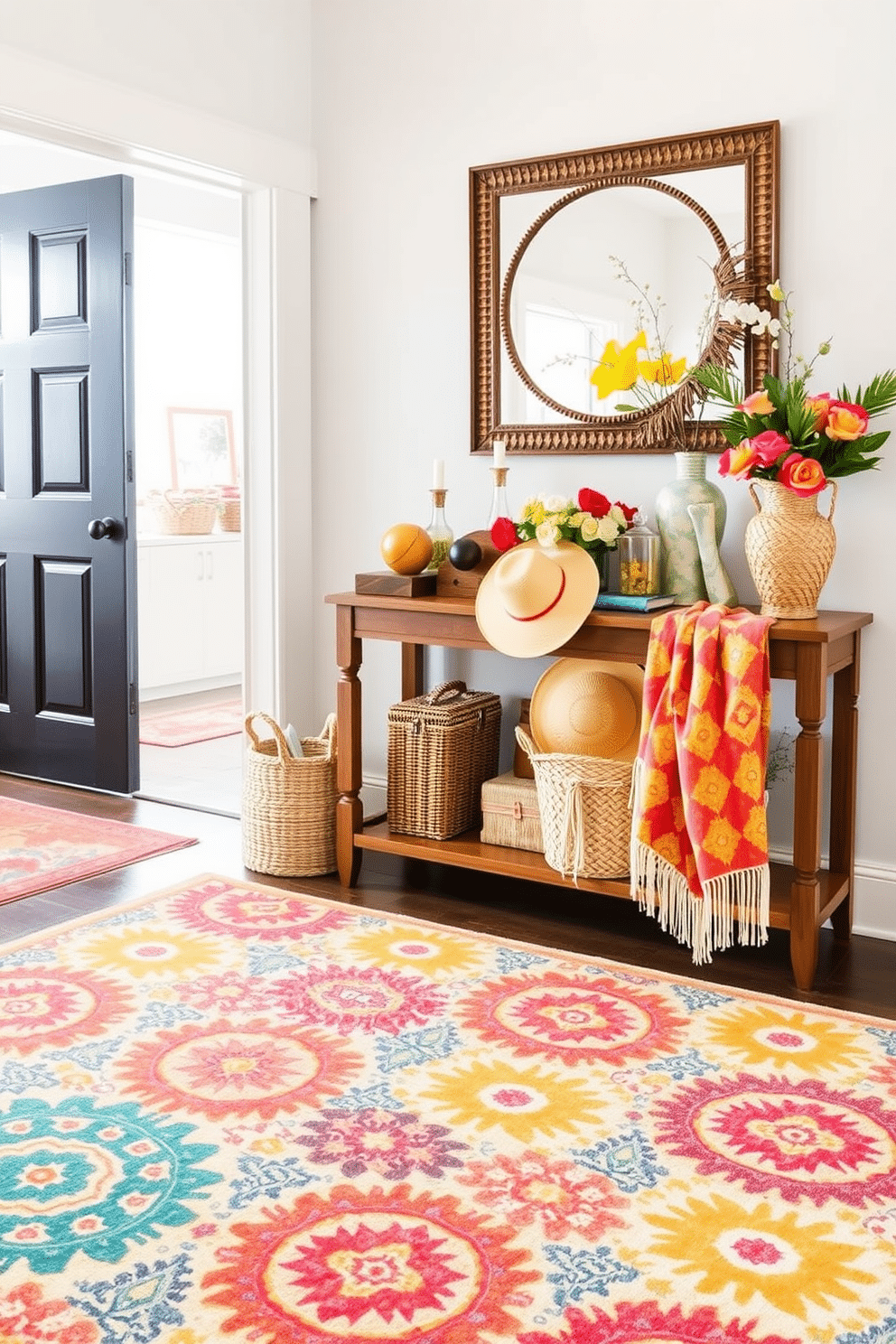 Choose a statement rug with vibrant patterns that sets the tone for a cheerful and welcoming entryway. Surround the rug with light-colored walls and a console table adorned with fresh flowers and decorative accents. Incorporate bright, seasonal decor elements like a woven basket filled with sun hats and a colorful throw blanket. Add a large mirror above the console table to enhance light and create a sense of space.