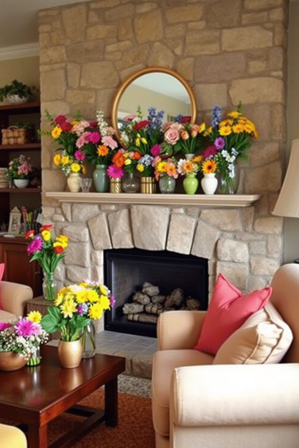 A cozy living room adorned with a vibrant summer theme. A stone fireplace is decorated with an array of colorful summer flowers in various vases, creating a lively and inviting atmosphere. The mantel is adorned with cheerful floral arrangements in shades of pink, yellow, and blue. Soft, plush seating in light fabrics complements the warm tones of the flowers, enhancing the overall brightness of the space.