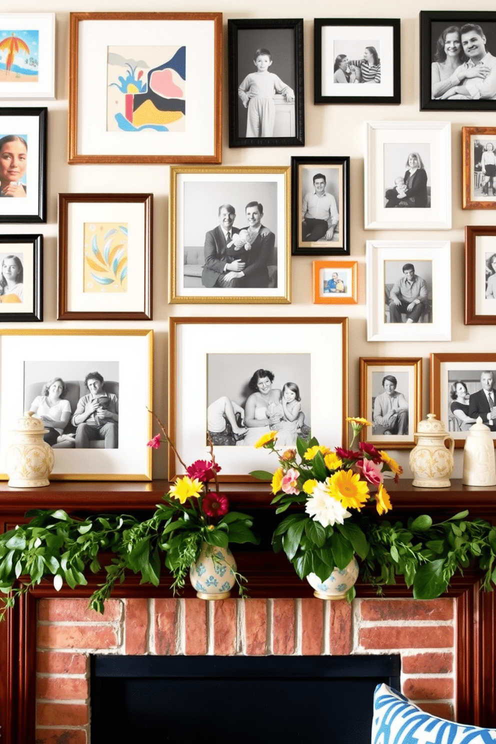 A gallery wall above the mantel features an eclectic mix of framed artwork and photographs in various sizes. The arrangement includes both colorful abstract pieces and black and white family portraits, creating a dynamic visual contrast. The mantel is adorned with seasonal decorations that evoke a summer vibe. Fresh greenery and vibrant flowers in decorative vases complement the warm tones of the fireplace, enhancing the inviting atmosphere.