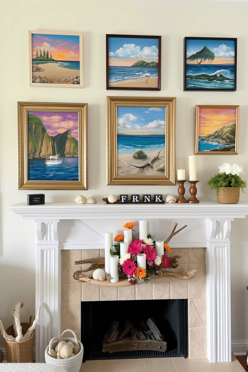 A cozy living room adorned with summer-themed artwork featuring vibrant landscapes and beach scenes. The walls are painted in a soft pastel hue, creating a light and airy atmosphere. A beautifully styled fireplace decorated with seasonal summer accents. The mantel is adorned with seashells, driftwood, and a collection of candles in varying heights, complemented by a cheerful floral arrangement.