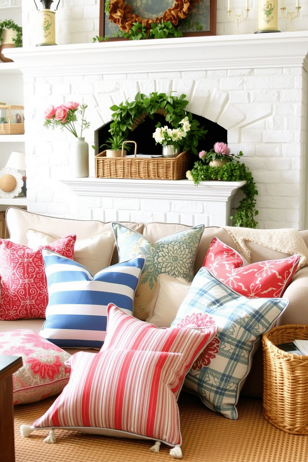 Create a cozy living room scene featuring a summer fireplace. The fireplace is adorned with a mix of decorative pillows in various patterns and colors, creating a vibrant and inviting atmosphere. Arrange the pillows on a comfortable sofa, with some placed on the floor for a casual look. Incorporate natural elements like a woven basket and fresh flowers to enhance the summer vibe.