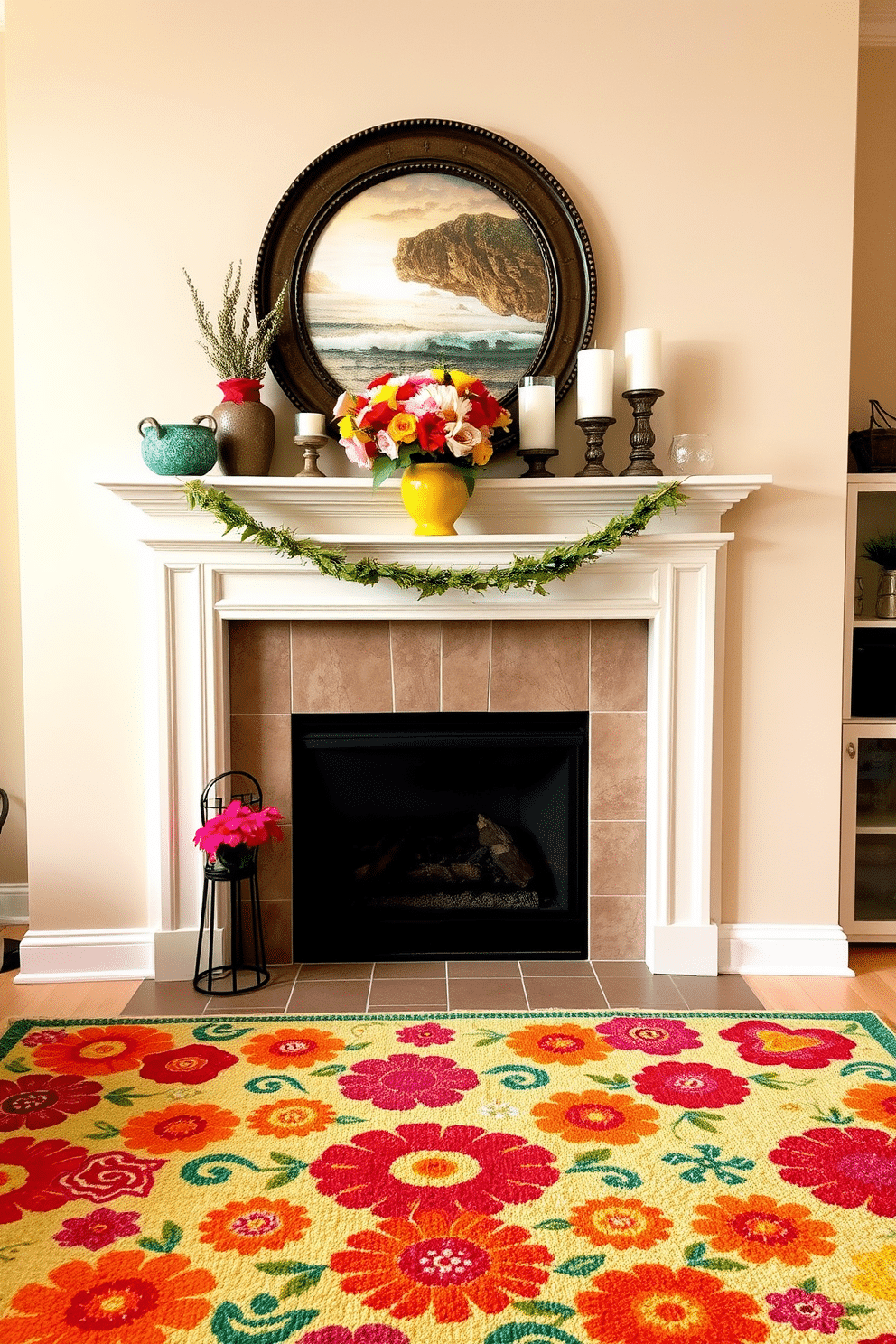 A cozy living room featuring a summer fireplace adorned with vibrant decorations. The fireplace is surrounded by a colorful summer rug that adds warmth and texture to the space. On the mantel, there are seasonal accents such as fresh flowers in a bright vase and decorative candles in various heights. The walls are painted in a soft beige, complementing the cheerful tones of the rug and decor.