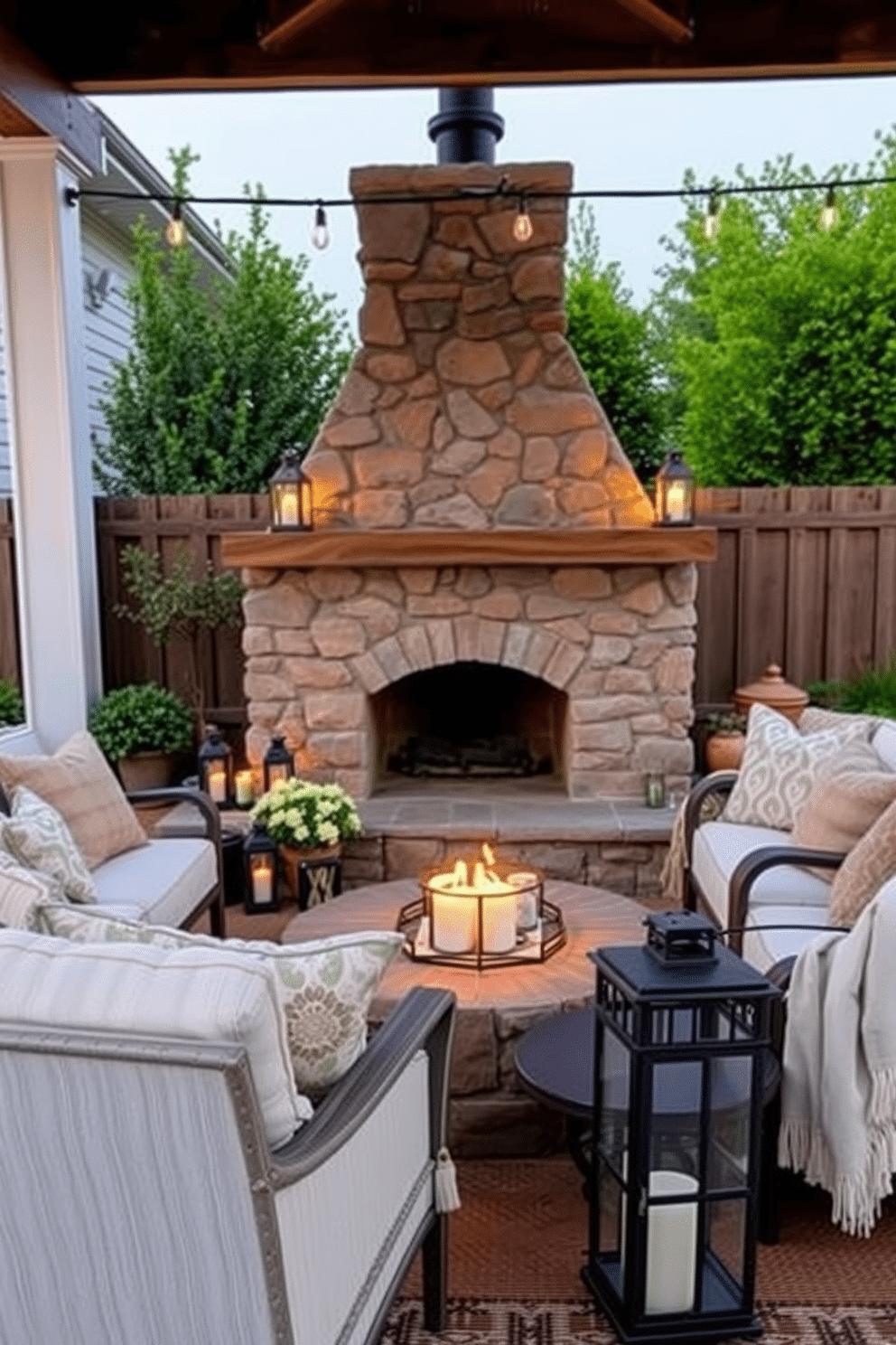 A cozy outdoor living space featuring a charming summer fireplace surrounded by comfortable seating. Lanterns are strategically placed around the area, casting a warm glow and enhancing the inviting atmosphere. The fireplace is adorned with natural stone, creating a rustic focal point. Soft cushions and throws in light, airy fabrics add comfort and style, perfect for summer evenings.