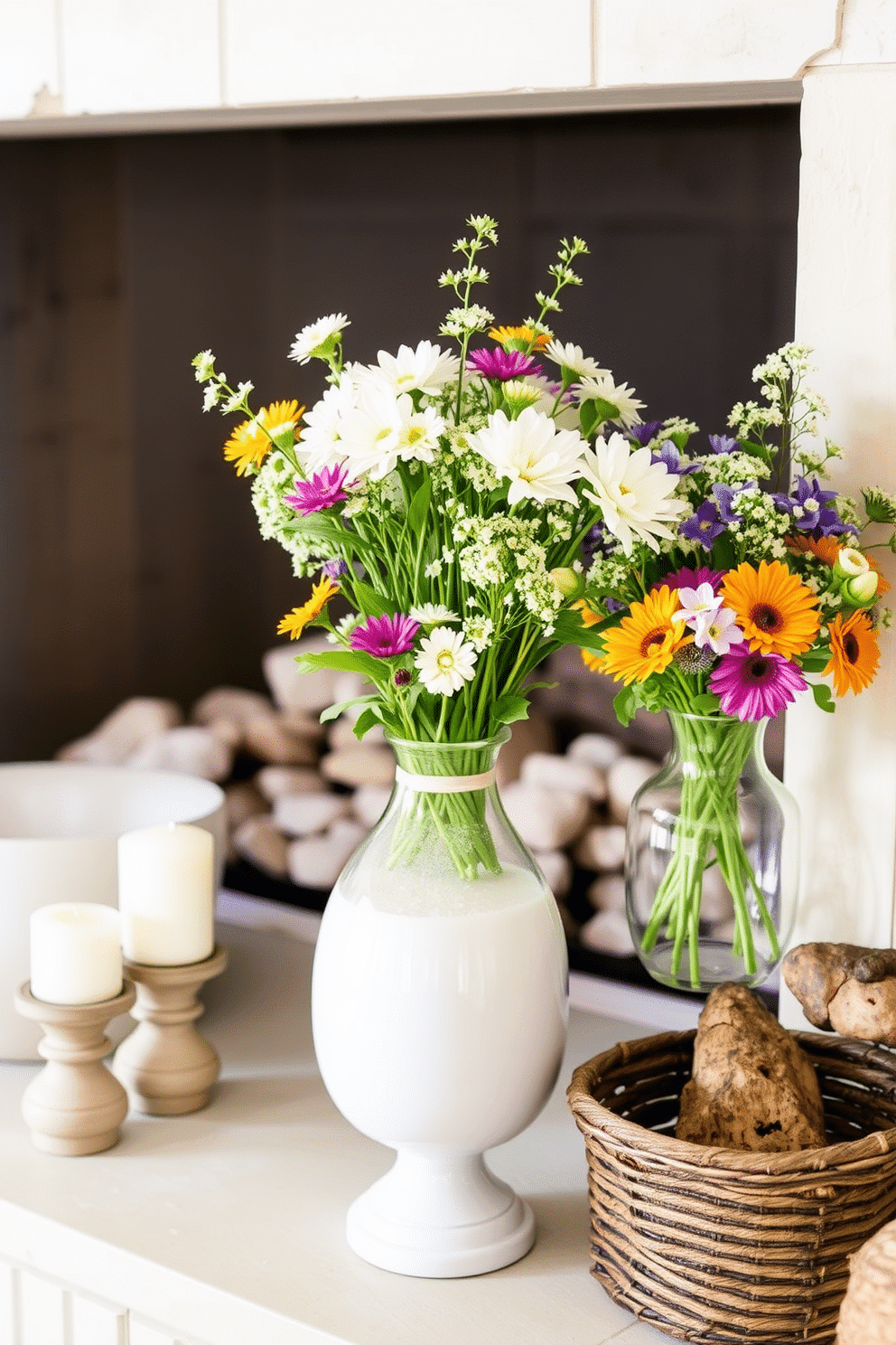 A cozy summer fireplace setting featuring clear glass vases filled with fresh seasonal flowers. The fireplace is adorned with light-colored stones and surrounded by soft, neutral-toned decor elements that enhance the warmth of the space.