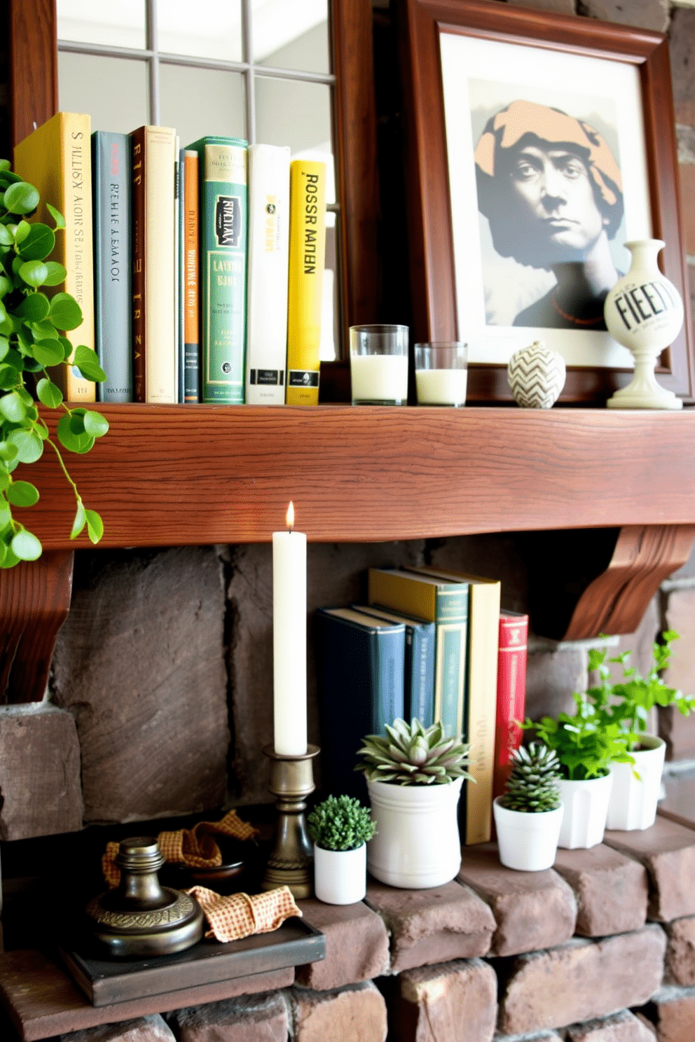 Create a cozy vignette centered around a summer fireplace. Arrange a selection of colorful books on a rustic wooden mantel, complemented by a few decorative candles and small potted plants.