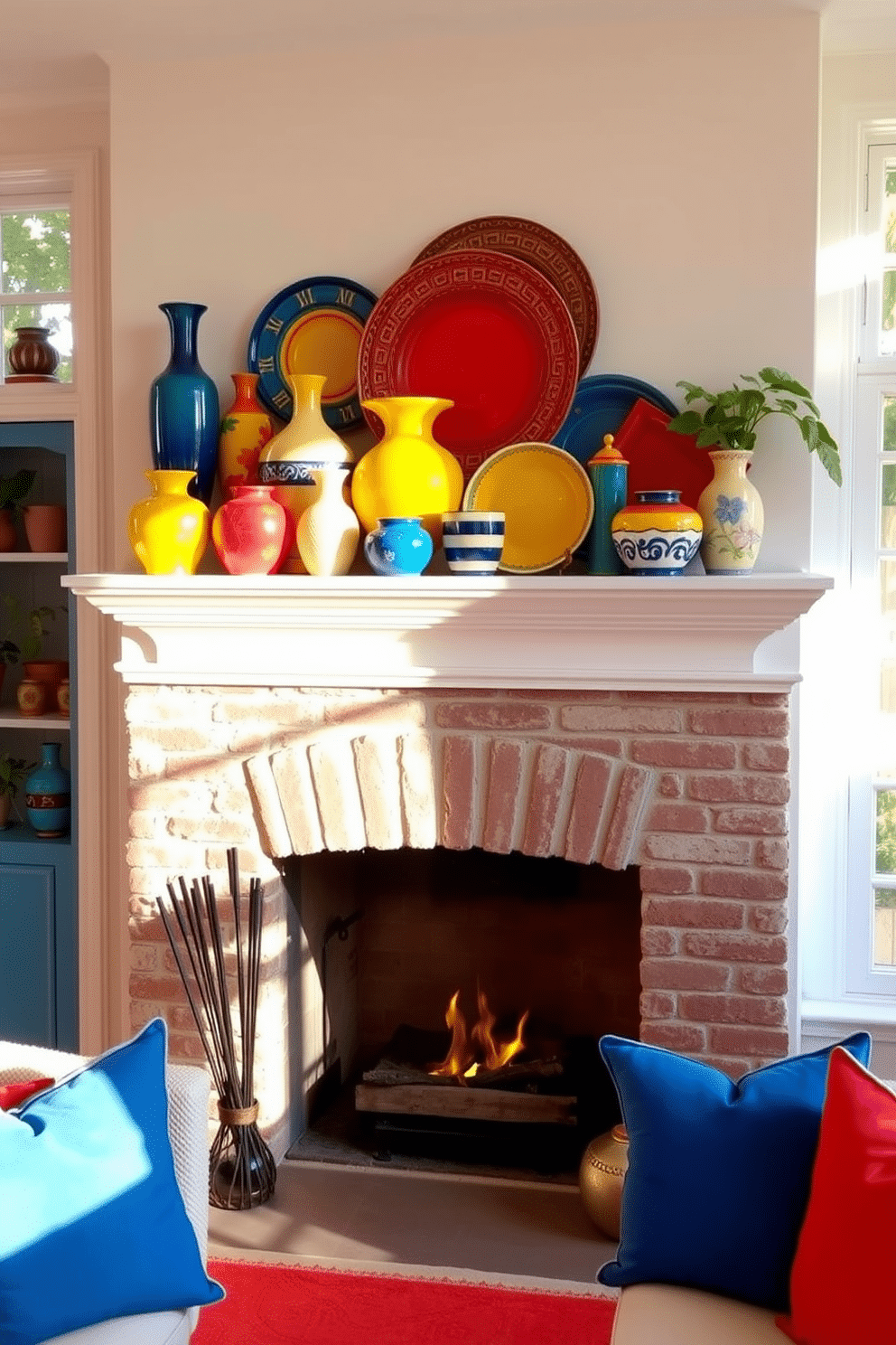 A vibrant living room setting featuring a summer fireplace adorned with bright colored ceramics. The mantel displays an array of ceramic vases and decorative plates in bold hues like cobalt blue, sunny yellow, and fiery red, creating a lively focal point. The fireplace itself is surrounded by a cozy seating area with plush cushions in coordinating colors. Sunlight streams through large windows, enhancing the cheerful atmosphere and illuminating the playful ceramic accents.