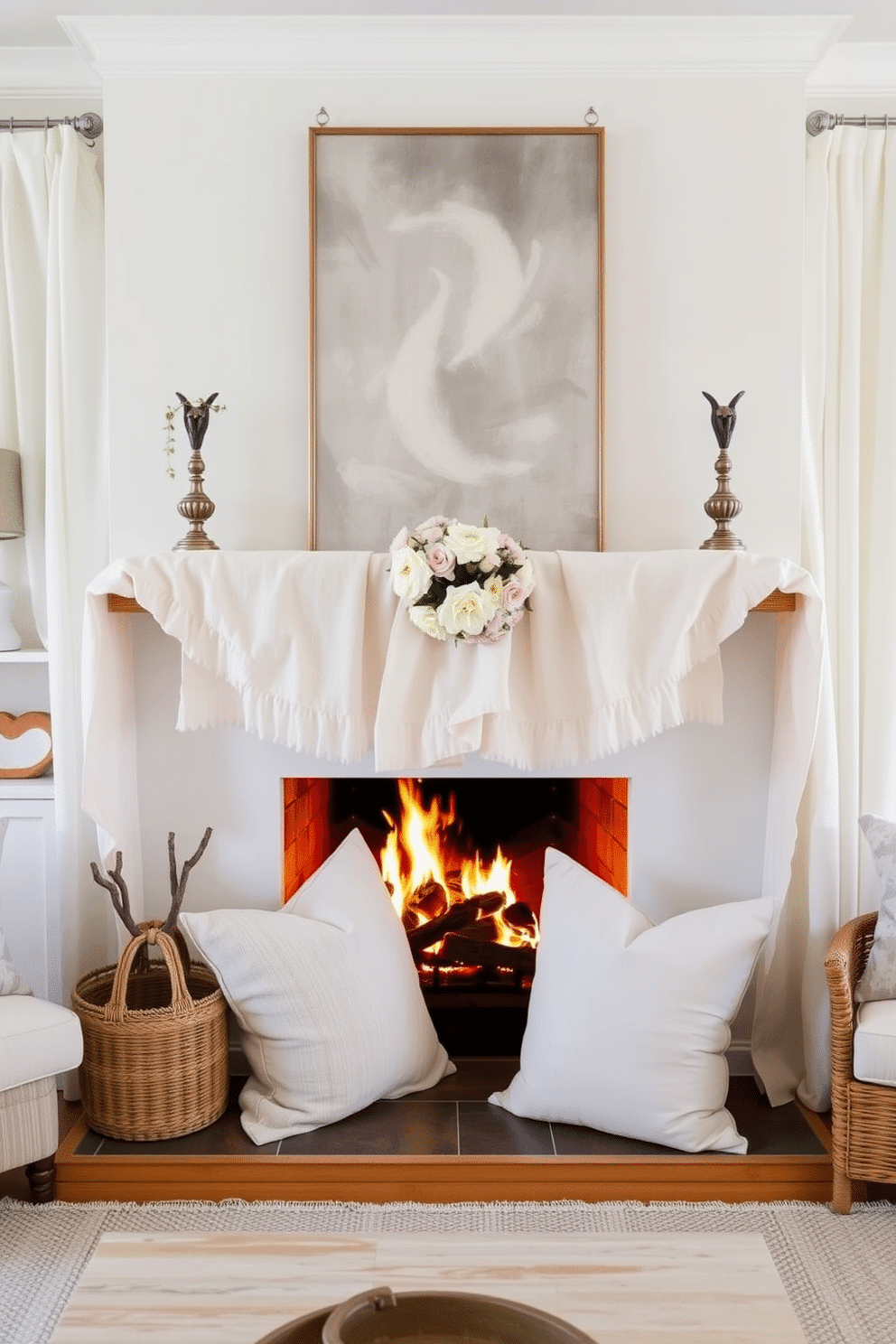 A bright and airy living room featuring a cozy summer fireplace. The mantel is adorned with light, textured fabrics like linen and cotton, creating a breezy atmosphere. Soft pastel accents are used throughout the space, including throw pillows and light curtains. A simple arrangement of fresh flowers sits on the mantel, complementing the warm glow of the fireplace.