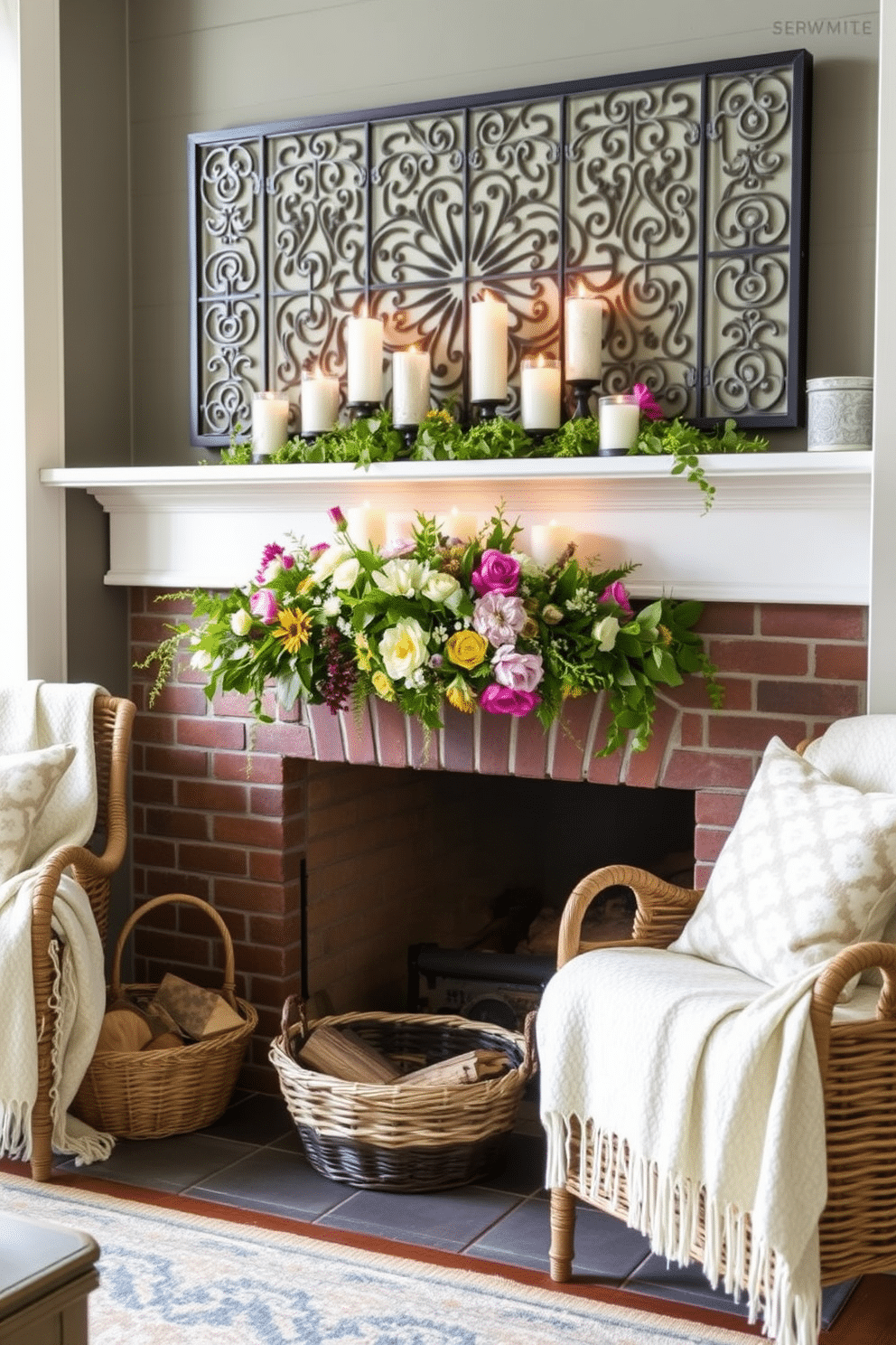 Create a cozy summer fireplace setting that features a decorative screen with intricate patterns. The fireplace is adorned with a mix of seasonal flowers and greenery, complemented by soft, textured throws draped over nearby seating. Incorporate a collection of candles in varying heights on the mantel to enhance the warm ambiance. A stylish basket filled with logs sits beside the fireplace, adding a rustic touch to the overall design.