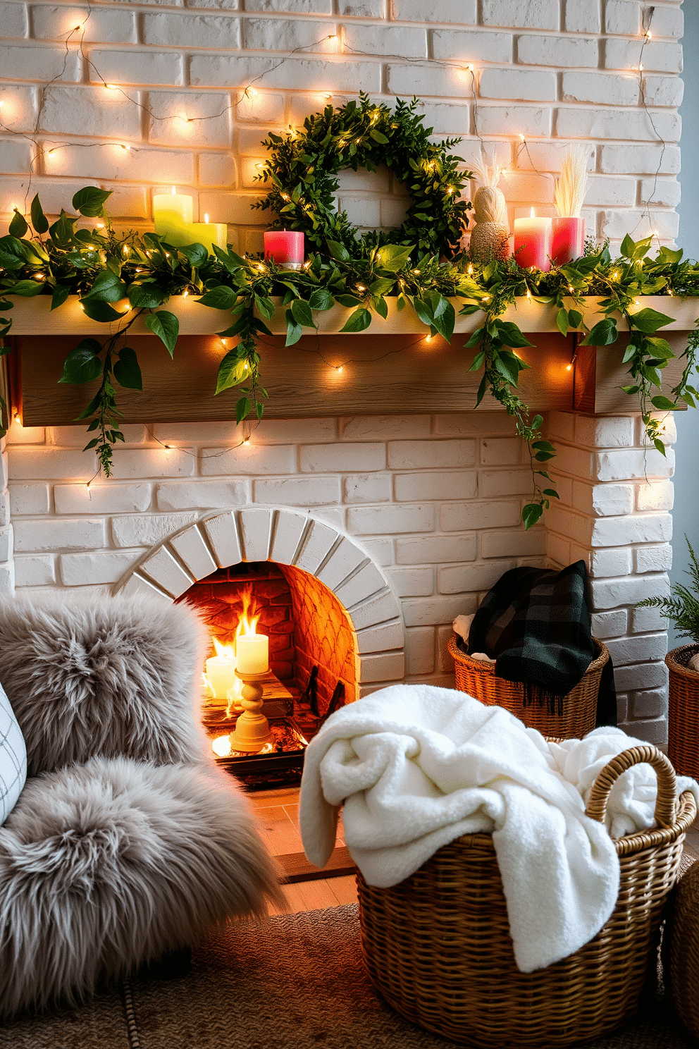 A cozy summer fireplace setting adorned with whimsical fairy lights. The mantel is decorated with a mix of vibrant greenery and colorful candles, creating a cheerful atmosphere. Soft, plush seating is arranged around the fireplace, inviting relaxation and conversation. A woven basket filled with soft throws sits nearby, adding warmth and texture to the space.