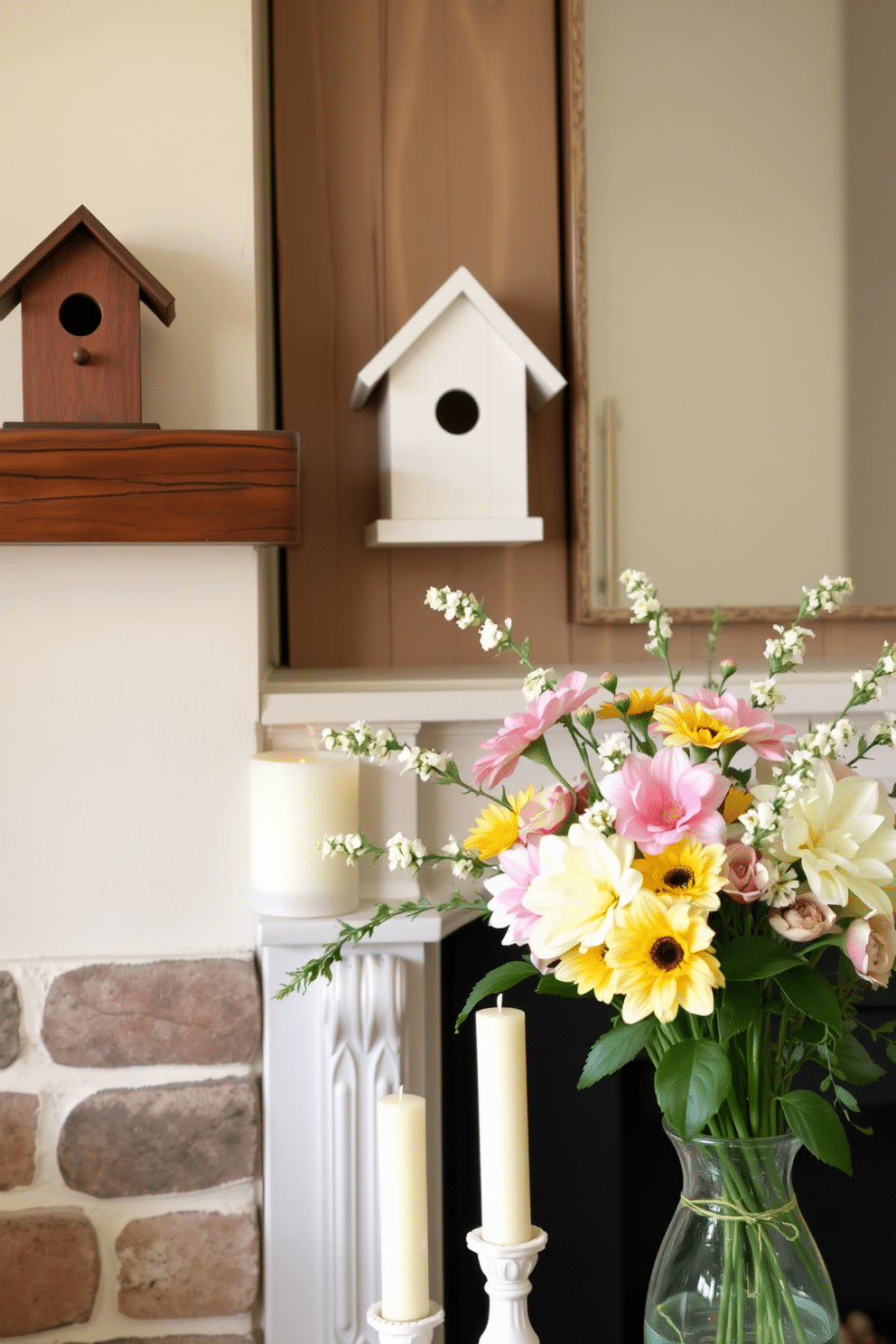 A cozy summer living room features a charming birdhouse perched on a rustic wooden shelf. The fireplace is elegantly decorated with vibrant summer flowers, seashells, and soft, pastel-colored candles, creating a warm and inviting atmosphere.