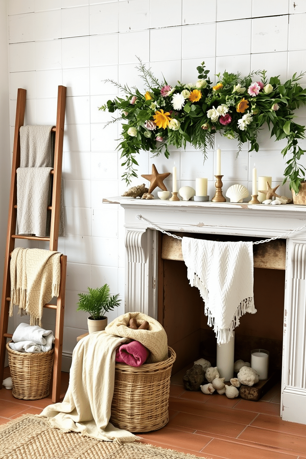 A vintage wooden ladder leans against a white-washed wall, adorned with an assortment of cozy blankets and seasonal decor. On the floor, a rustic woven basket holds additional throws, while a small potted plant adds a touch of greenery beside the ladder. Above the ladder, a summer-themed garland made of fresh flowers and greenery drapes elegantly, bringing a vibrant touch to the space. The fireplace, framed by a distressed mantel, is decorated with candles of varying heights and a few carefully arranged seashells for a beachy vibe.