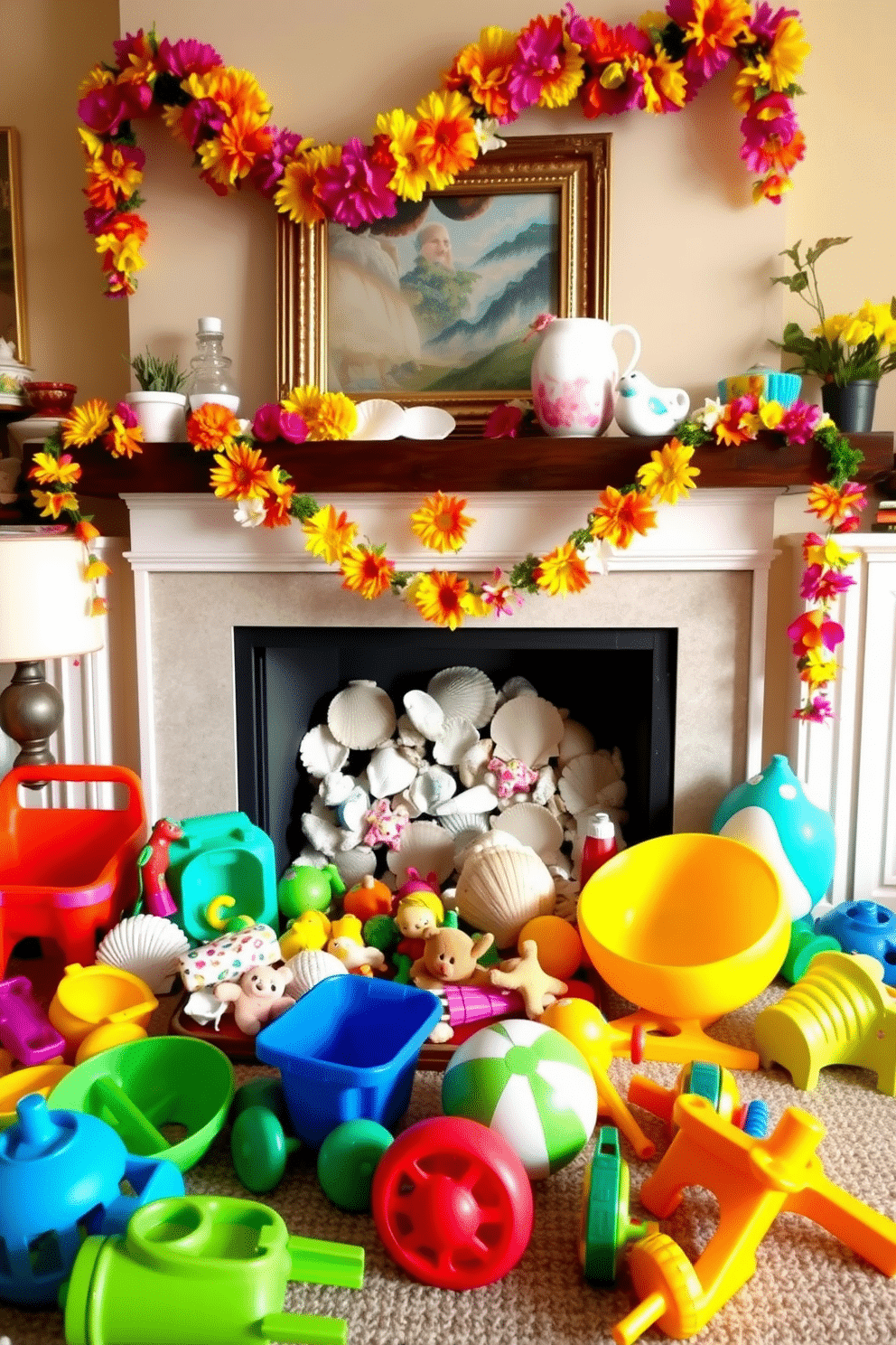 Create a playful arrangement with colorful toys scattered around a cozy living room. The fireplace is adorned with cheerful summer-themed decorations such as seashells, beach balls, and vibrant floral garlands.