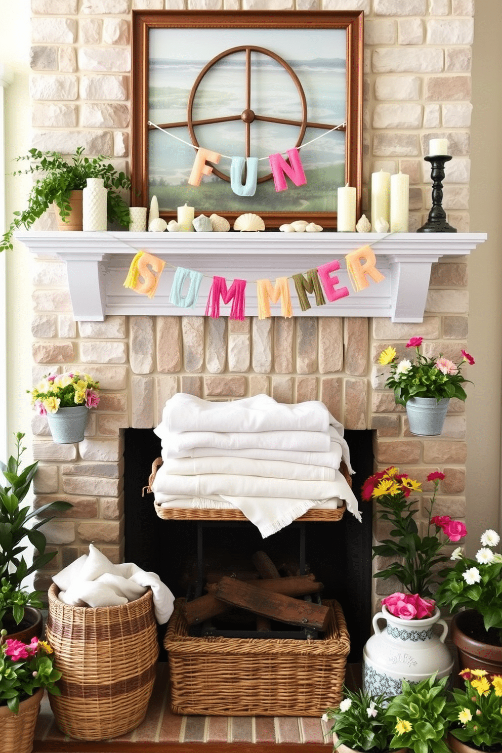 Create a cozy summer fireplace setting that features a beautifully arranged mantel adorned with a fun summer banner. The banner is colorful and playful, draping elegantly above a collection of decorative items like seashells and candles. On the hearth, place a stack of woven baskets filled with soft blankets in light, summery colors. Surround the fireplace with potted plants and fresh flowers to bring a vibrant, seasonal touch to the space.