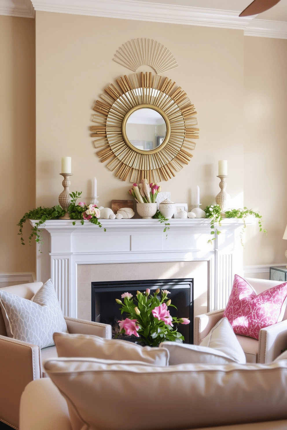 A cozy living room adorned with a sunburst mirror that reflects natural light, enhancing the warmth of the space. The fireplace is elegantly decorated with summer-themed accents, including a collection of seashells and soft pastel hues. Around the fireplace, a comfortable seating arrangement features a blend of light-colored fabrics and vibrant throw pillows. Fresh greenery and seasonal flowers are tastefully arranged on the mantel, creating a cheerful and inviting atmosphere.