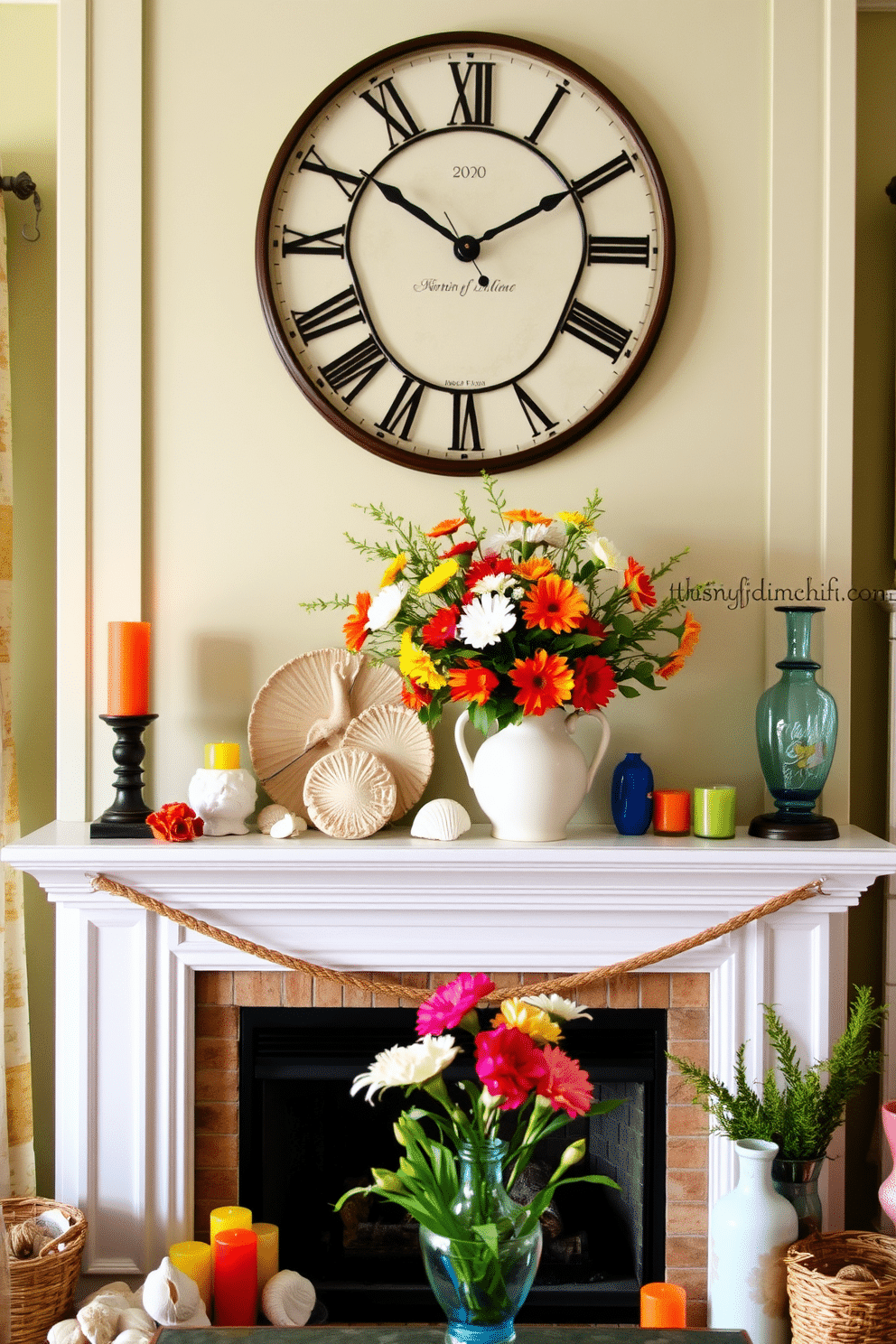 A cozy summer living room features a stylish fireplace adorned with seasonal decorations. Surrounding the fireplace are vibrant summer-themed accents like seashells, colorful candles, and fresh flowers in a ceramic vase. A large clock hangs above the mantel, serving both as a functional timepiece and a striking focal point. The clock's design complements the overall decor, adding a touch of elegance to the warm summer ambiance.