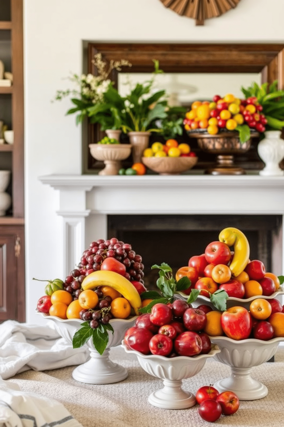 A vibrant display of seasonal fruits arranged in elegant bowls. The fruits are fresh and colorful, creating a lively and inviting atmosphere. Cozy summer fireplace decorating ideas featuring light and airy elements. Incorporate soft textiles and natural materials to enhance the warmth and charm of the space.