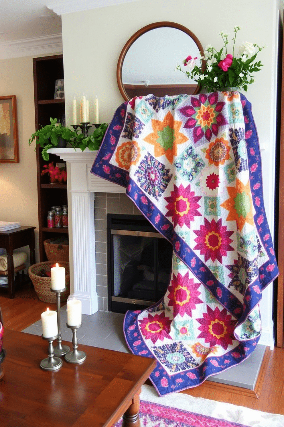 A cozy living room featuring a summer fireplace decorated with a colorful quilt draped over the mantel. The quilt showcases vibrant patterns and hues, adding a cheerful touch to the space, while a set of candles in varying heights sits beside the quilt, creating a warm and inviting atmosphere.