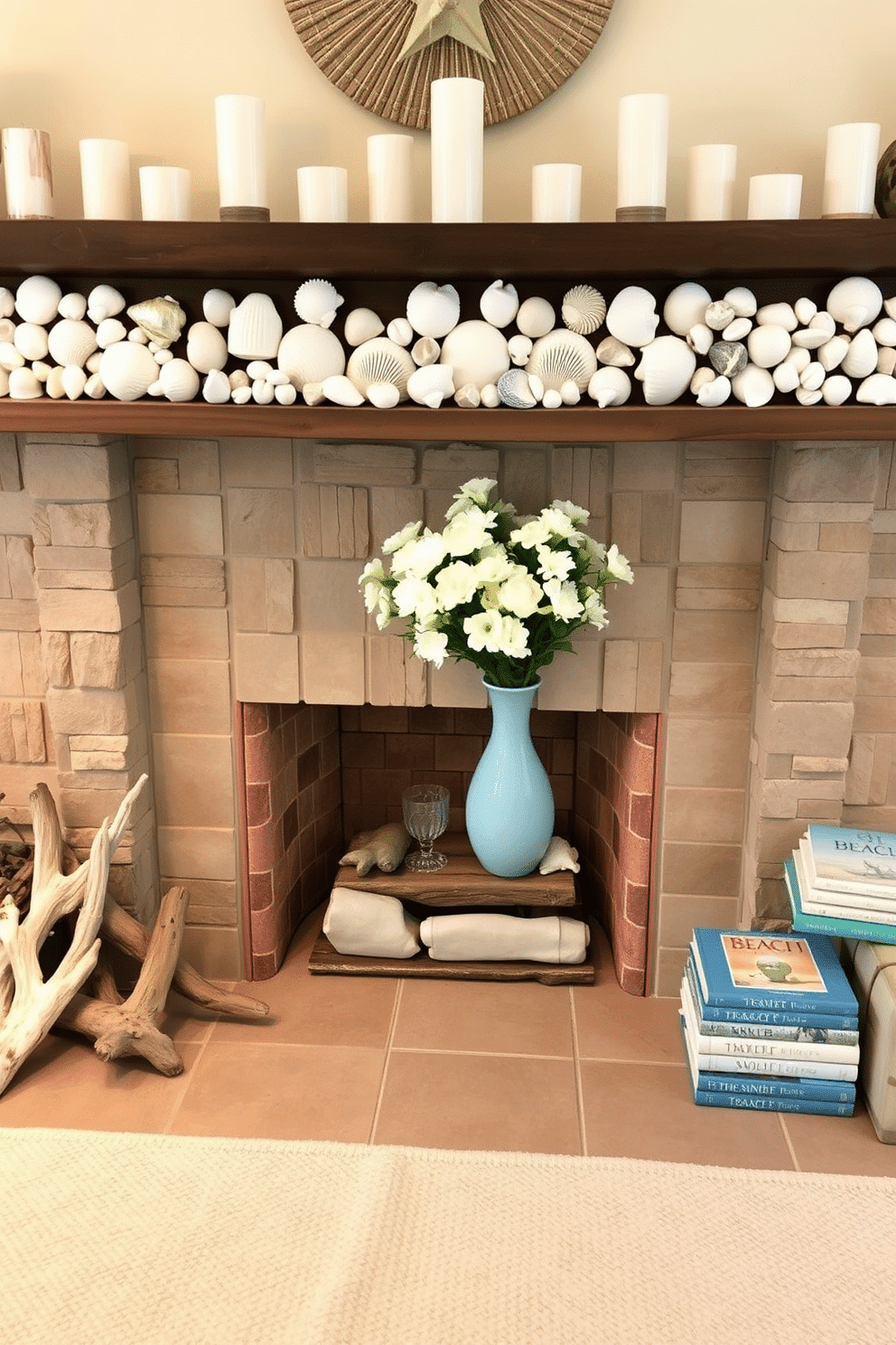 A cozy summer fireplace setting. The mantel is adorned with an array of seashells in various sizes, complemented by soft white candles and a light blue vase filled with fresh flowers. The fireplace itself is surrounded by driftwood accents and a light-colored rug that evokes a beachy atmosphere. To the side, a small stack of beach-themed books adds a casual yet inviting touch to the decor.