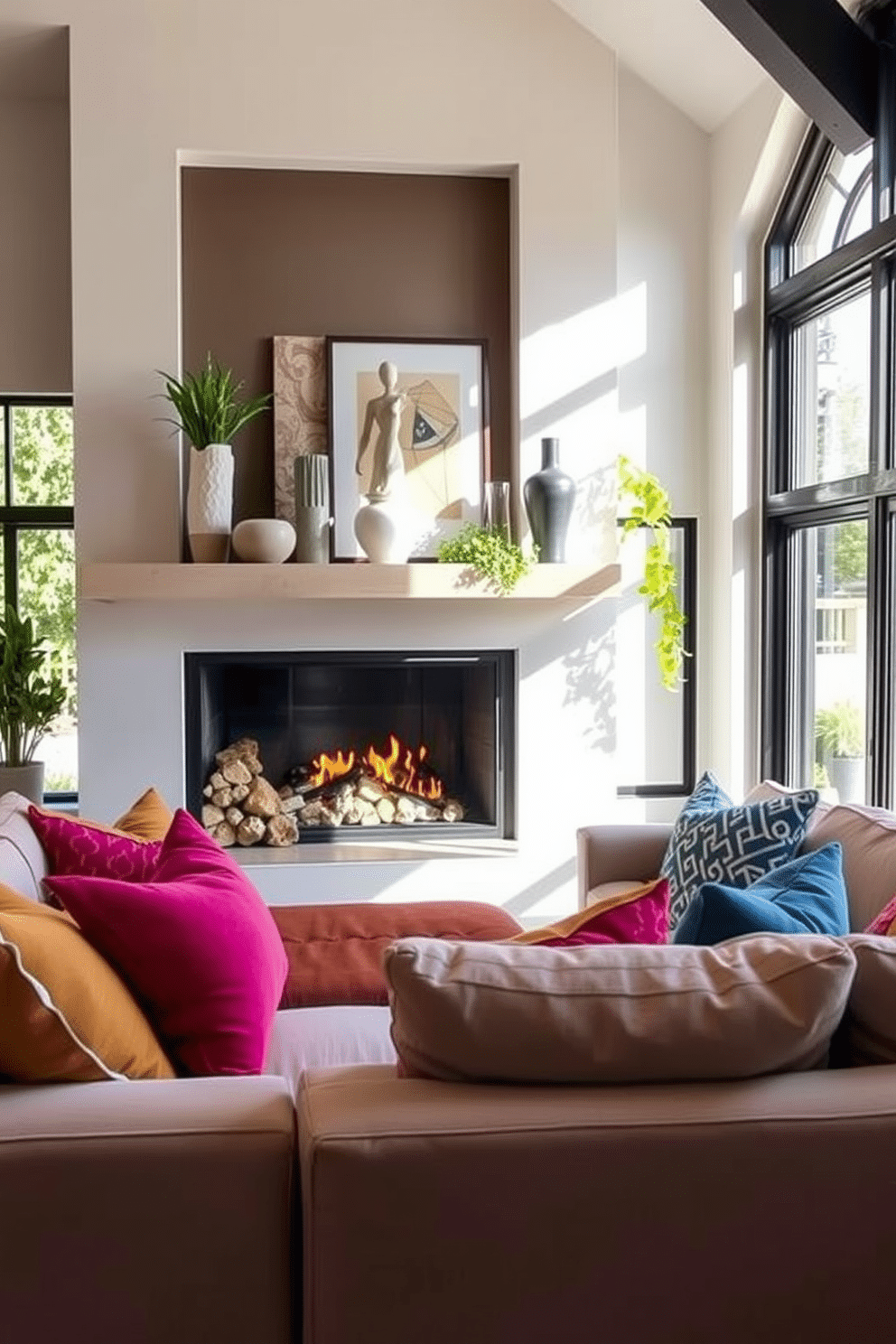 A cozy living room features a stunning summer fireplace adorned with unique sculptures that add artistic flair. The fireplace is surrounded by a minimalist mantel, showcasing a collection of abstract art pieces and vibrant greenery for a refreshing touch. The seating area includes a plush sectional sofa in soft, neutral tones, complemented by colorful throw pillows. Natural light floods the space through large windows, enhancing the warm ambiance created by the flickering flames.