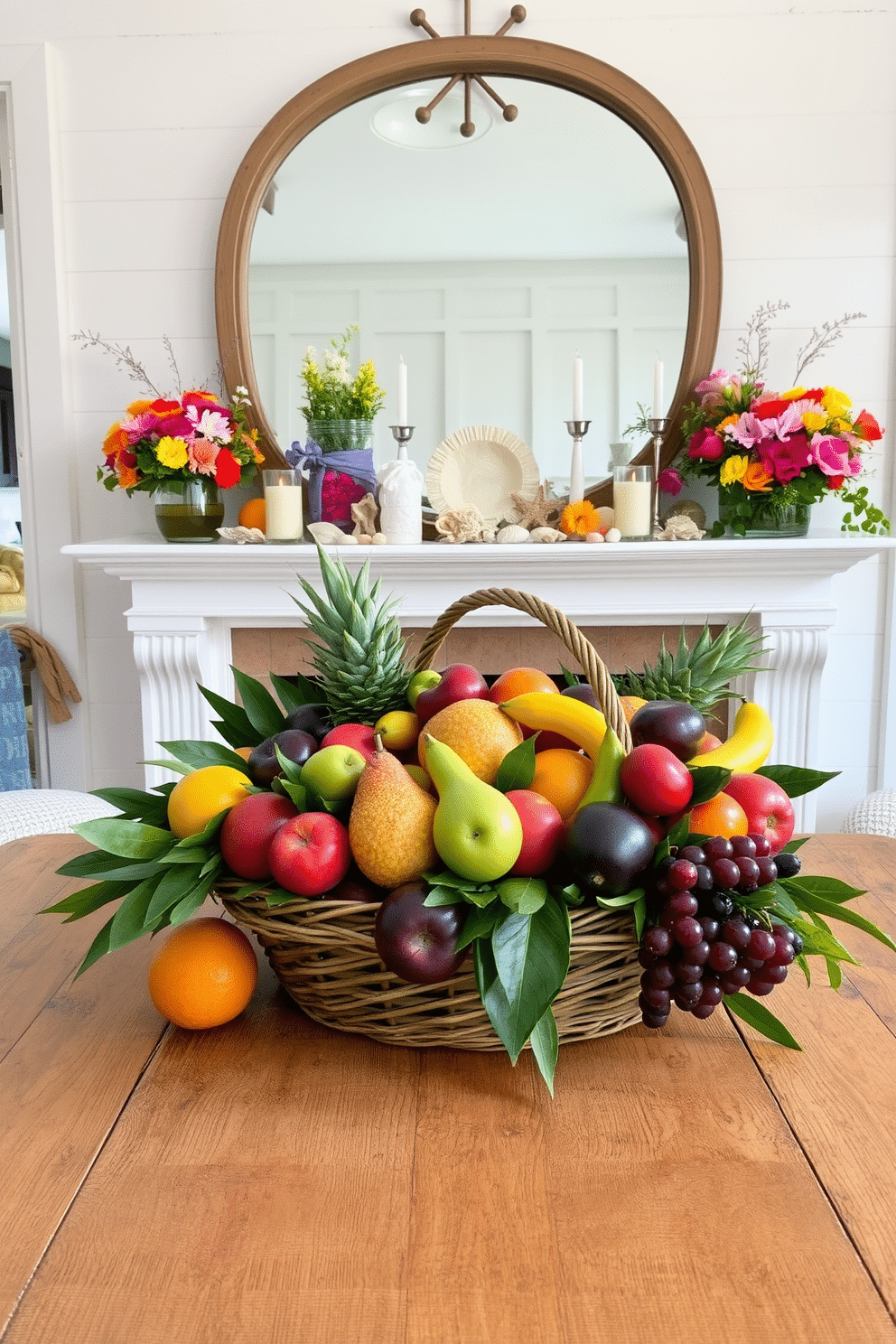 A vibrant fruit arrangement is displayed on a rustic wooden table. The colorful fruits are artfully arranged in a large woven basket, surrounded by lush green leaves. The summer fireplace is decorated with bright floral arrangements and candles. A collection of seashells and driftwood is arranged along the mantel, adding a coastal touch to the warm setting.