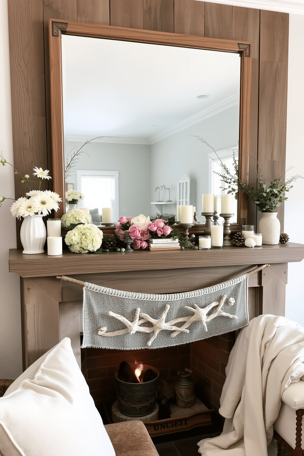 A large mirror is hung above a rustic wooden mantel, reflecting the warm glow of a summer evening. The mantel is adorned with fresh flowers, candles, and seasonal decor, creating a welcoming focal point in the room. The fireplace is decorated with light, airy elements such as driftwood and seashells, evoking a beachy vibe. Soft, pastel-colored throw pillows and a lightweight blanket are arranged on the seating nearby, inviting relaxation and comfort.