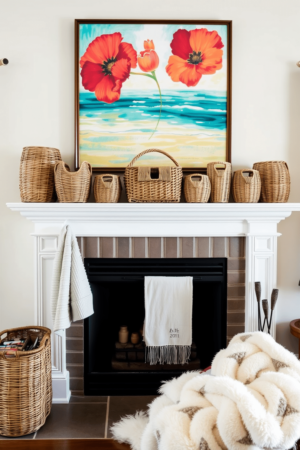 A cozy summer fireplace setting. The mantel is adorned with a collection of wicker baskets in various sizes, adding texture and warmth to the space. Above the fireplace, a large piece of artwork captures the essence of summer with vibrant colors. Soft, plush throws are draped over the side of the hearth, inviting relaxation and comfort.