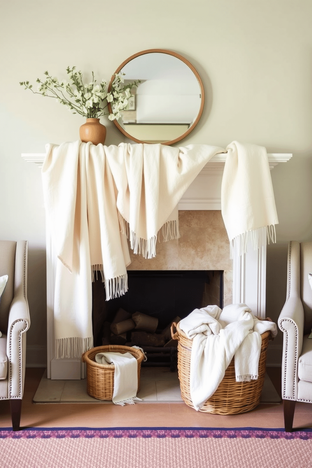 A cozy summer fireplace setting. The mantel is adorned with light, airy throws in soft pastel colors, creating a relaxed and inviting atmosphere. Flanking the fireplace, there are two elegant armchairs upholstered in a neutral fabric. A woven basket filled with blankets sits beside the hearth, enhancing the warmth of the space.