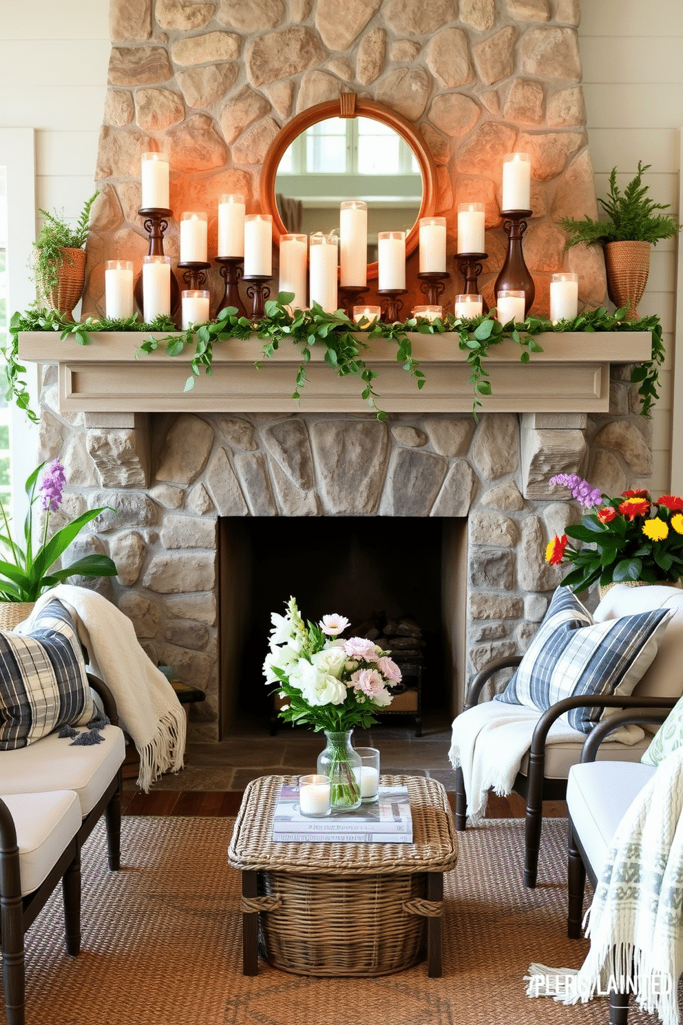 Create a cozy summer fireplace setting that features a stone mantel adorned with an array of decorative candles in varying heights. Surround the fireplace with a comfortable seating arrangement, including plush armchairs and a woven rug, to invite relaxation and warmth. Enhance the ambiance with fresh greenery and seasonal flowers positioned on the mantel and nearby tables. Incorporate soft throw blankets and pillows in light, airy fabrics to complete the inviting summer vibe.