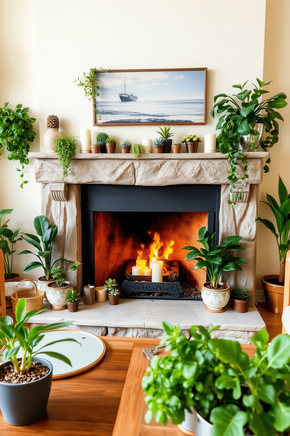 A cozy living room featuring a summer fireplace decorated with an array of potted plants. The fireplace is surrounded by a stone mantel, adorned with candles and small succulents, creating a warm and inviting atmosphere. Lush green plants in decorative pots are placed strategically around the room, adding a fresh touch to the space. The walls are painted in a soft cream color, complementing the natural wood tones of the furniture and enhancing the overall brightness of the room.