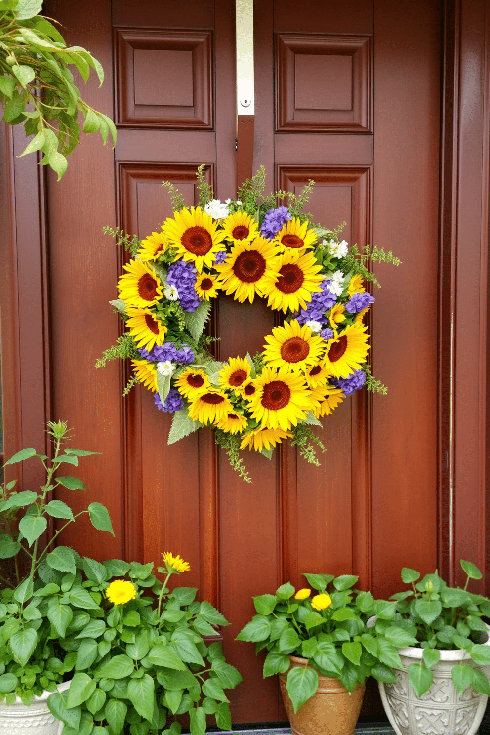 A vibrant floral wreath adorned with cheerful sunflowers hangs on a classic wooden front door. Surrounding the door are lush green plants in decorative pots, creating a welcoming summer atmosphere.