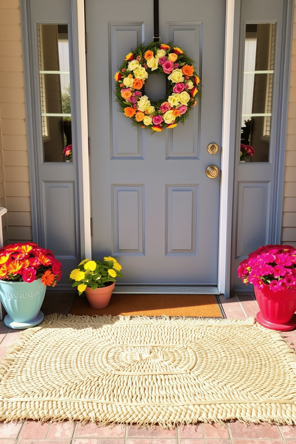 A welcoming summer front door features a woven straw rug that adds natural texture and warmth to the entryway. Brightly colored potted plants flank the door, and a cheerful wreath made of seasonal blooms hangs prominently.