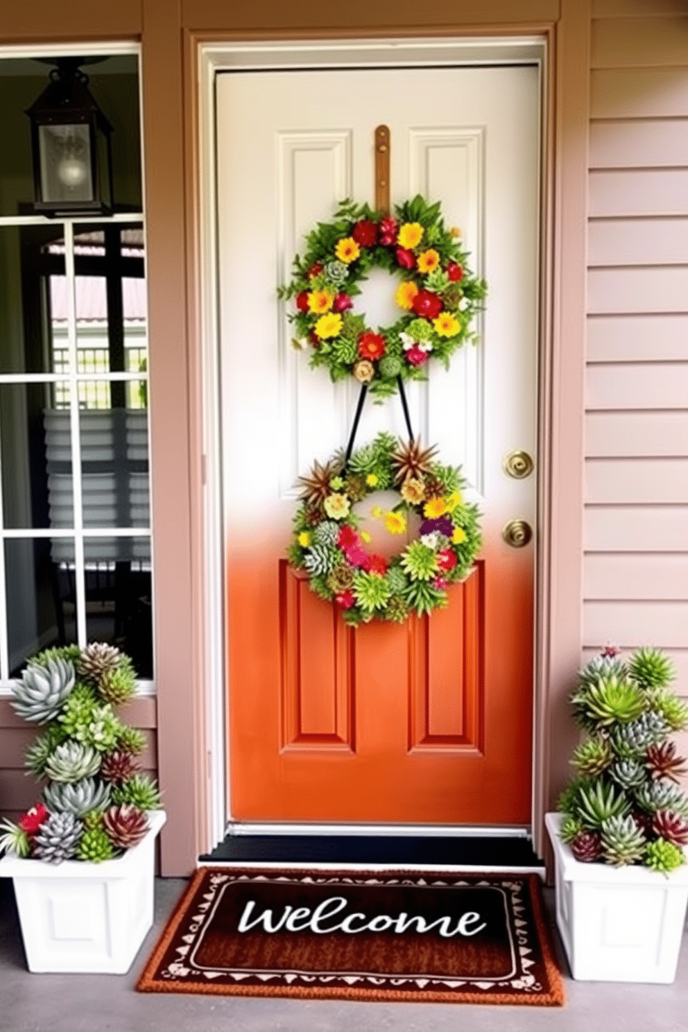 Succulent planters are placed on either side of the front door, adding a vibrant touch to the entrance. The planters are filled with a variety of colorful succulents, creating an inviting and cheerful atmosphere. The front door is adorned with a stylish summer wreath made of bright flowers and greenery. A welcome mat sits at the base of the door, complementing the seasonal decor and enhancing the overall charm of the entryway.