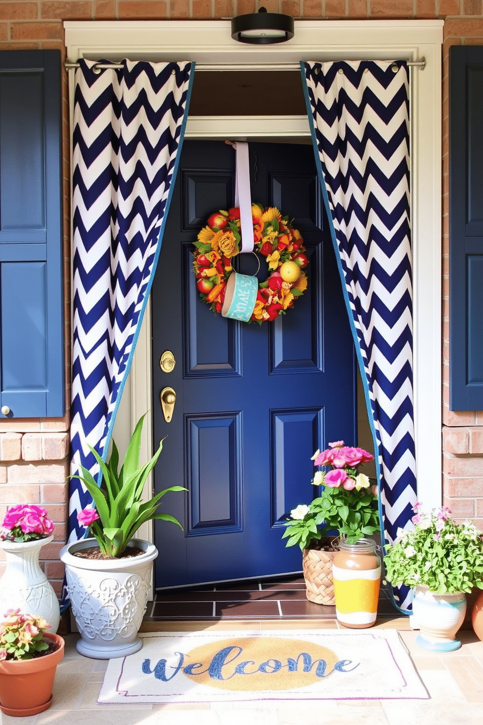 A chevron patterned door curtain elegantly frames the entrance, adding a modern touch to the summer decor. The vibrant colors of the curtain complement the bright and welcoming atmosphere of the front door. Decorative elements such as potted plants and a seasonal wreath enhance the inviting look. A cozy doormat with cheerful designs completes the summer front door decorating ideas.